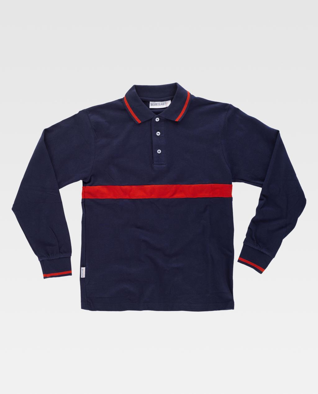 Polo de manga larga azul marino con franja roja horizontal en el pecho y detalles rojos en cuello y puños sobre fondo blanco