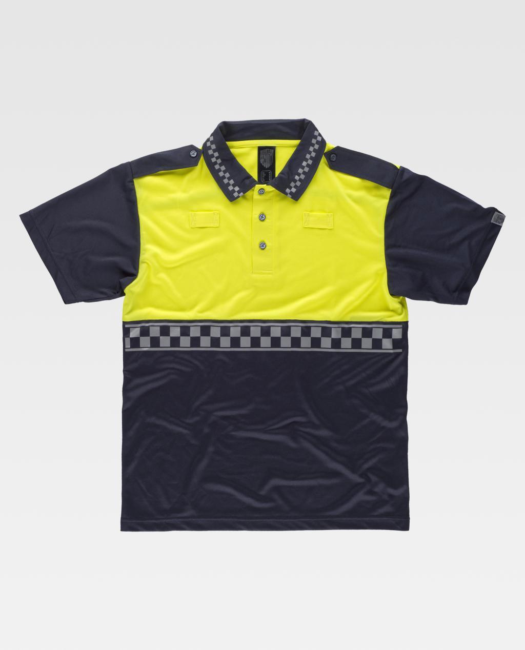 polo de alta visibilidad bicolor en amarillo y negro con franja de cuadros reflectantes en el pecho