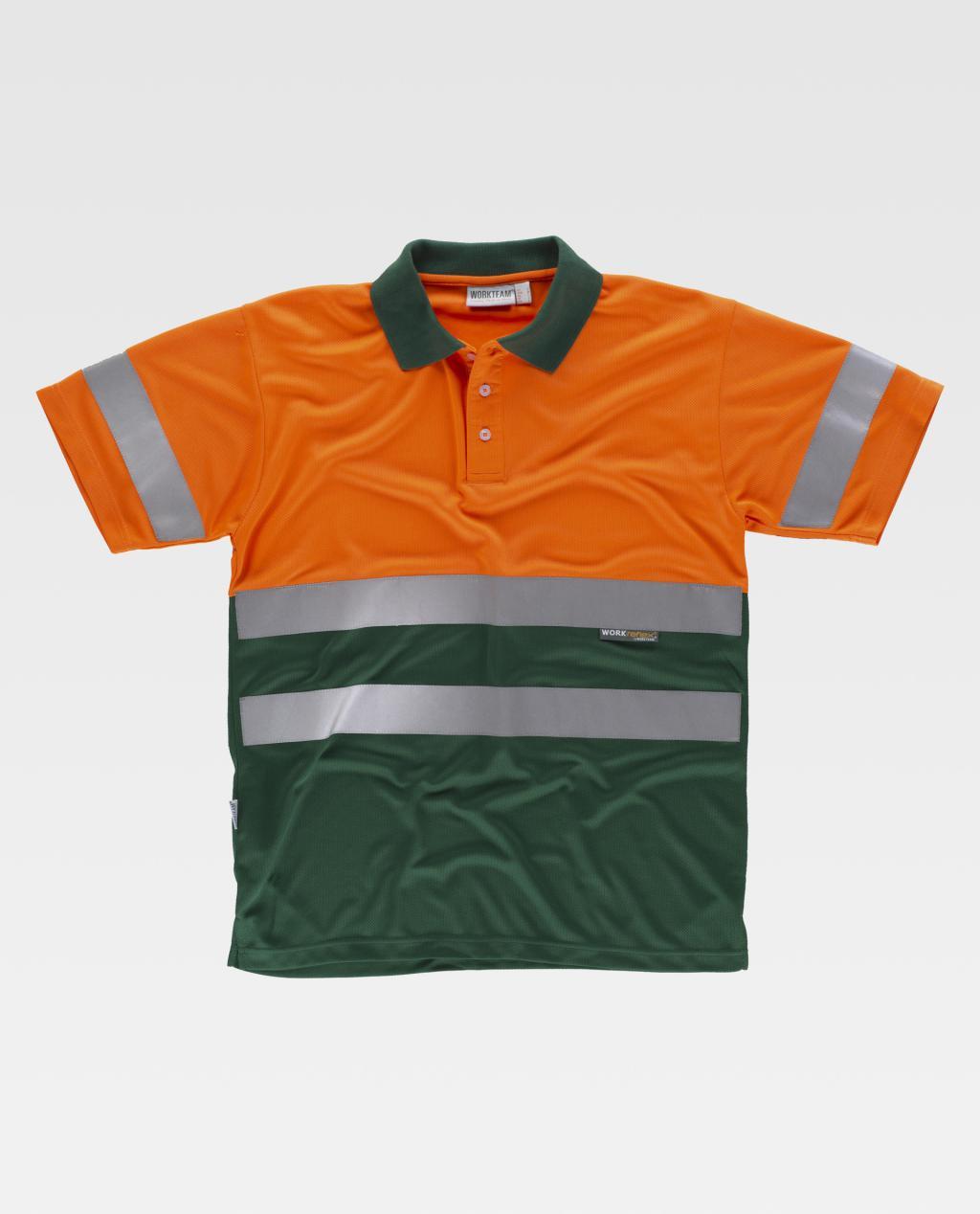 Polo de trabajo bicolor con parte superior naranja, parte inferior verde y bandas reflectantes horizontales.