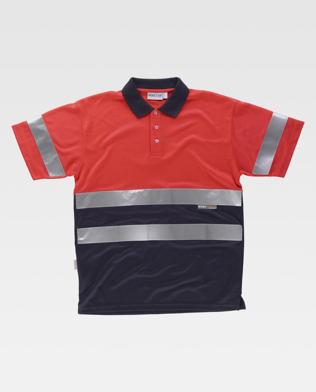 Camiseta polo de alta visibilidad roja y azul marino con bandas reflectantes en el torso y las mangas