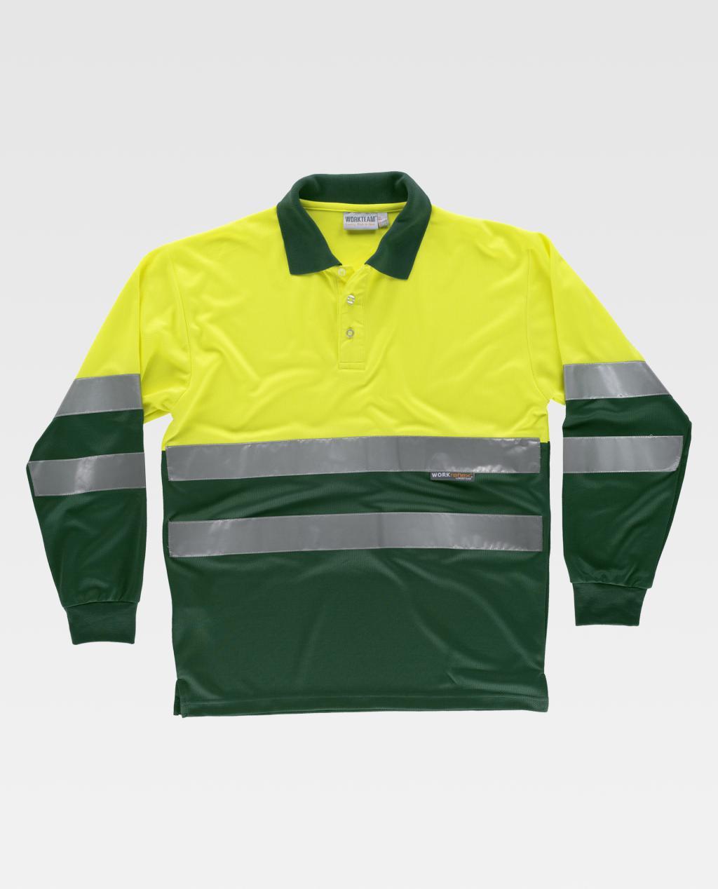 Camiseta polo de alta visibilidad amarillo y verde con mangas largas y bandas reflectantes