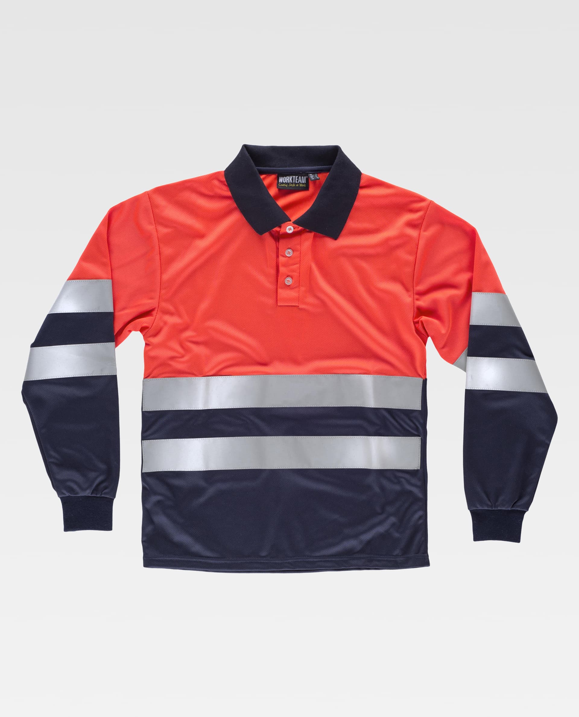 Camiseta polo de alta visibilidad naranja y azul marino con bandas reflectantes en torso y mangas