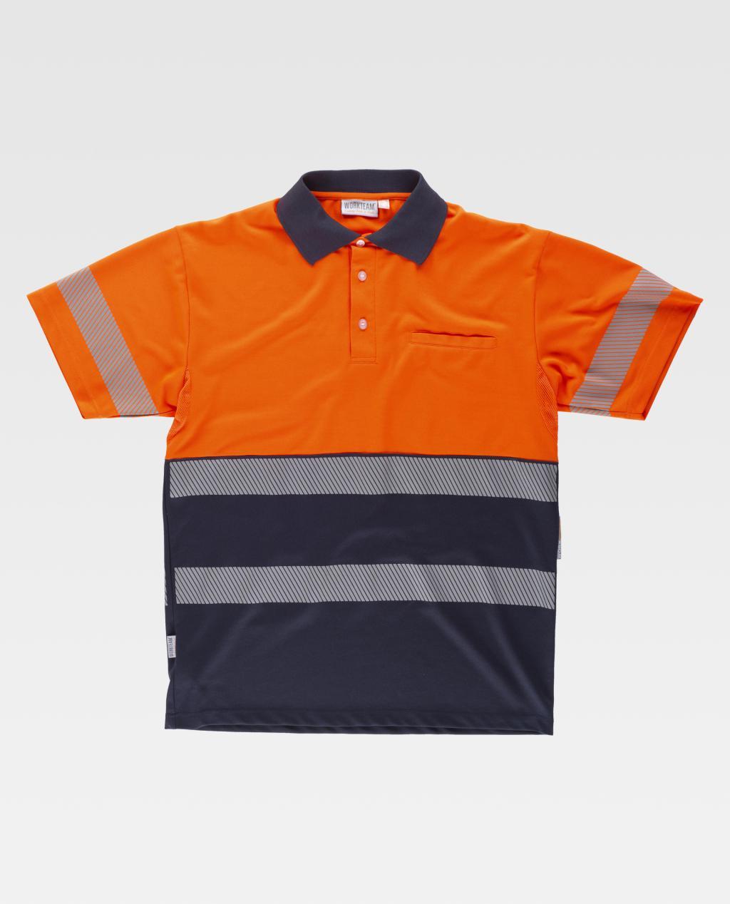 Polo de alta visibilidad naranja y azul marino con bandas reflectantes en pecho y mangas