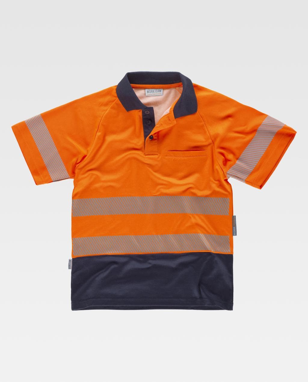 polo de alta visibilidad naranja con franjas reflectantes y parte inferior azul marino