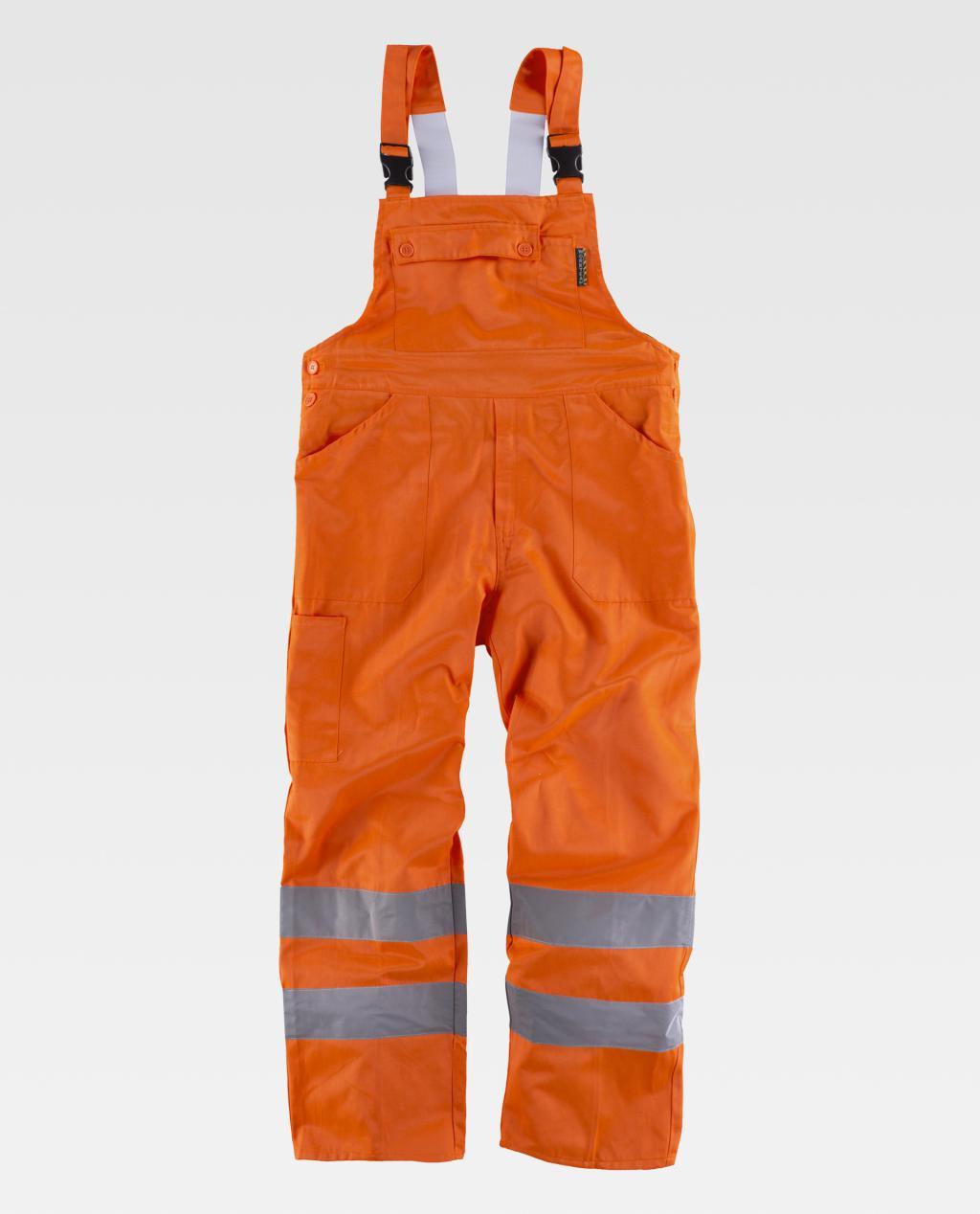 peto de trabajo naranja con tirantes ajustables y bandas reflectantes en las piernas