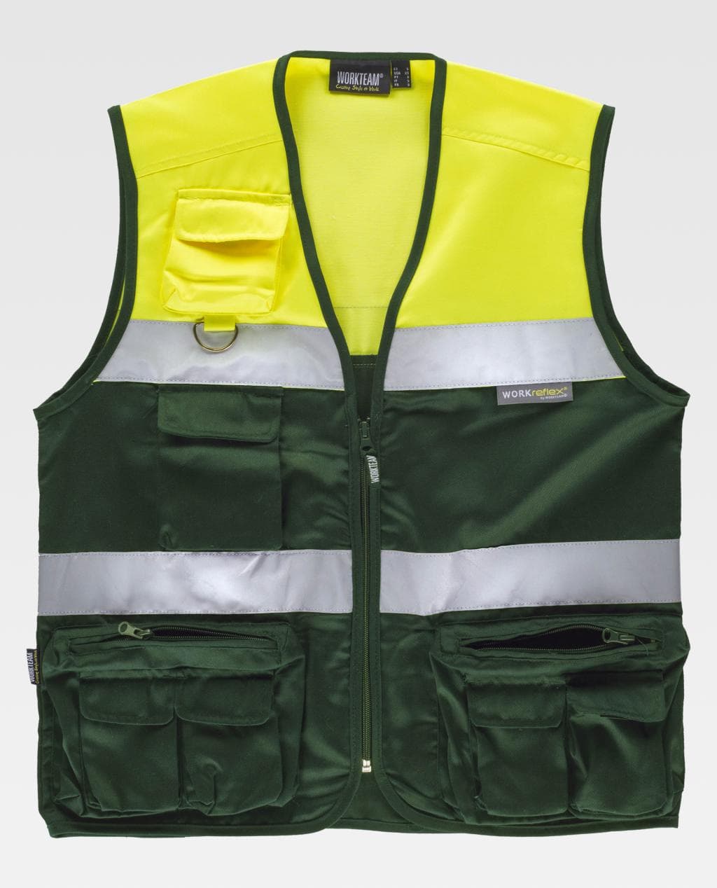 chaleco de alta visibilidad amarillo y verde con múltiples bolsillos y bandas reflectantes para uso laboral