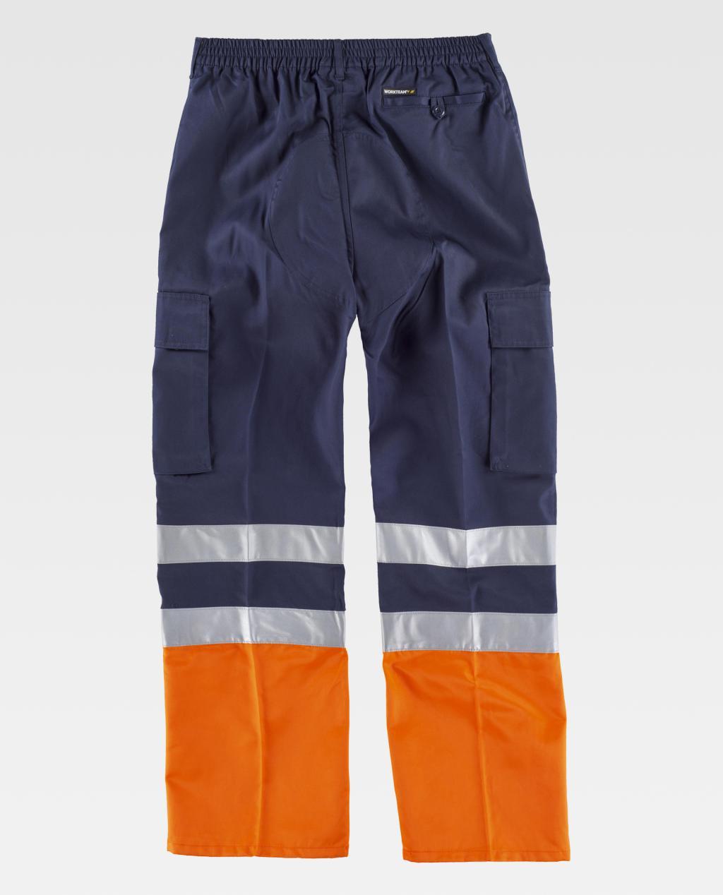 Pantalón de trabajo azul marino con bolsillos laterales, bandas reflectantes y bajos naranjas