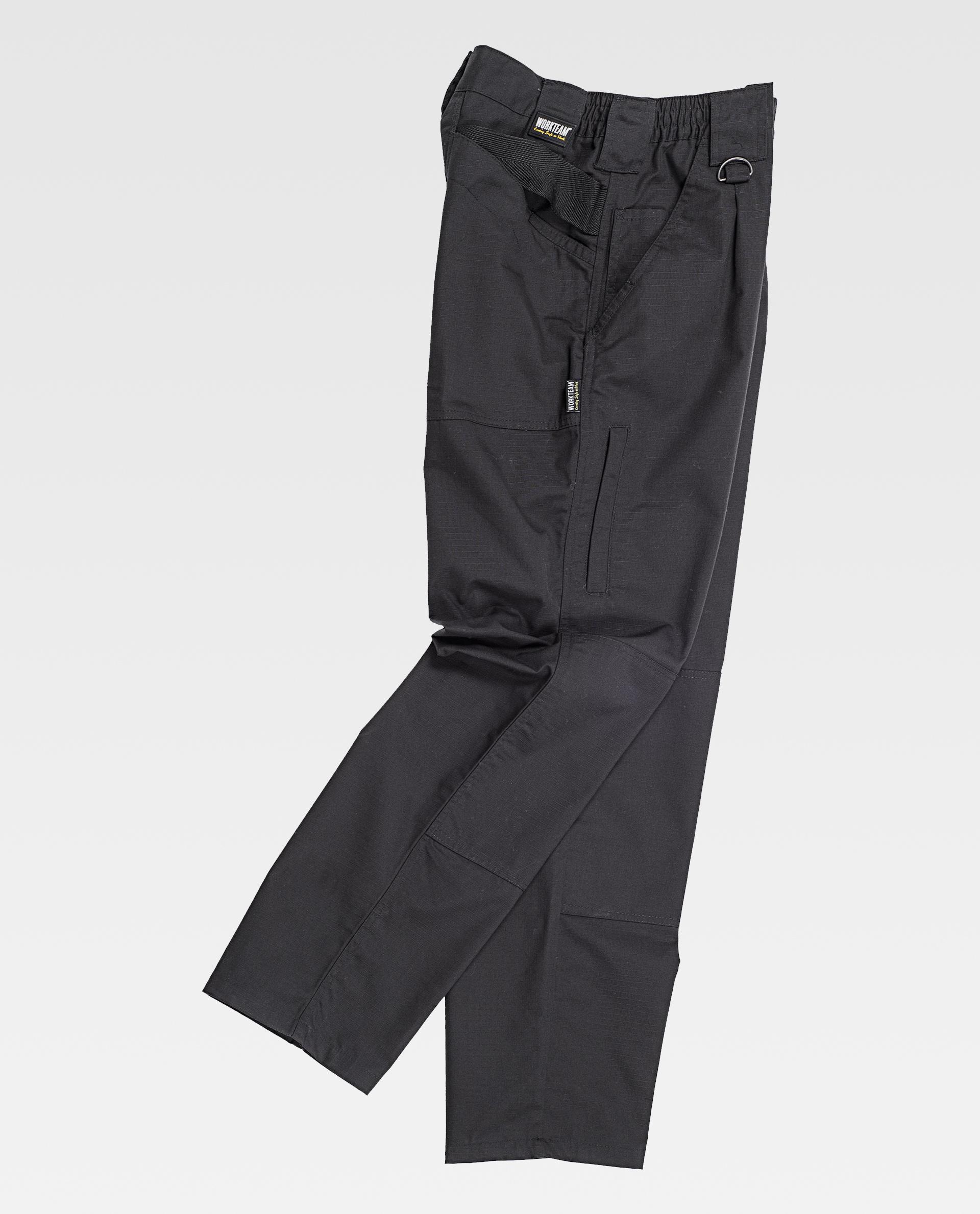 Pantalones de trabajo negros con varios bolsillos laterales y cintura elástica reforzada