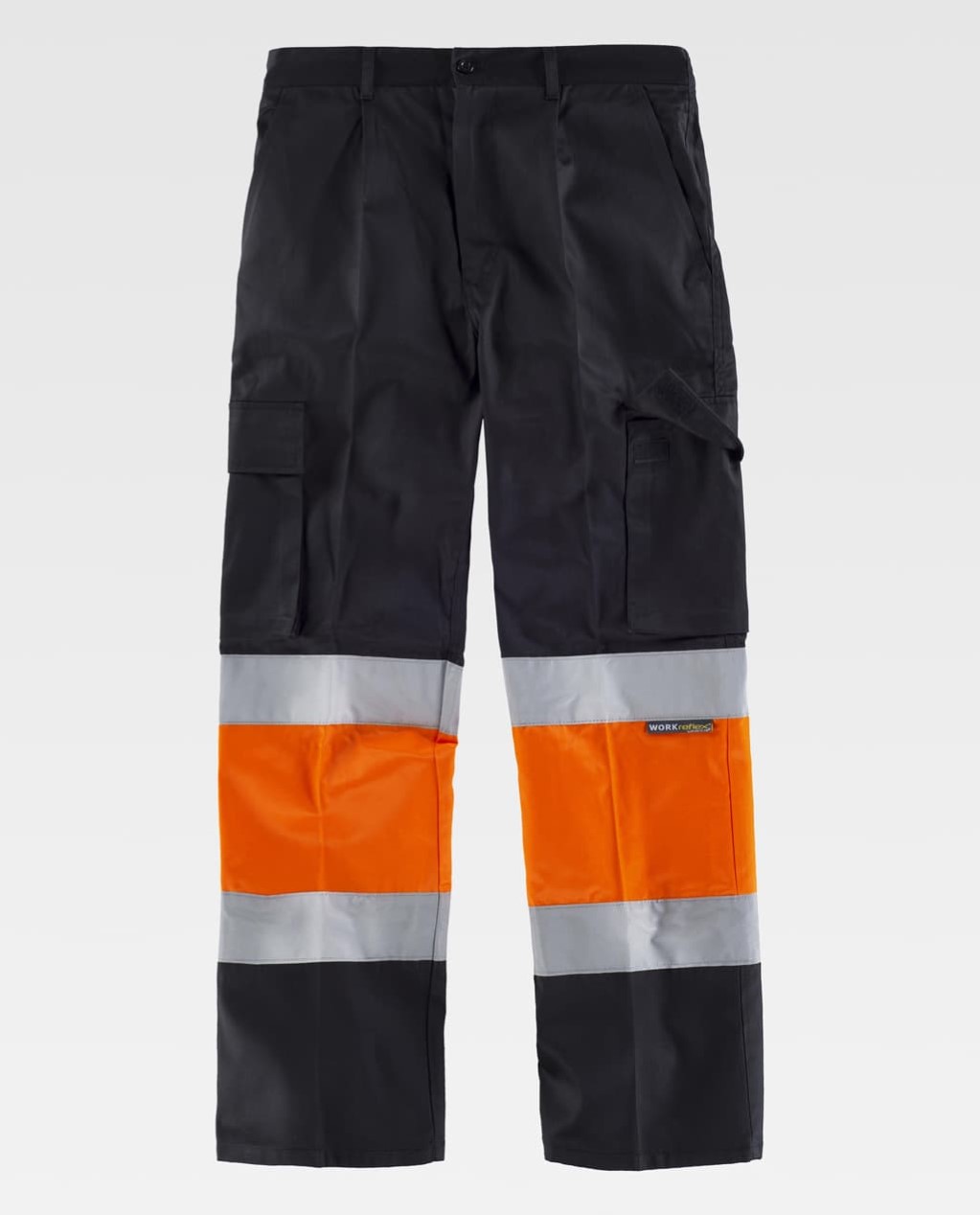 Pantalón de trabajo negro con bandas reflectantes grises y naranja de alta visibilidad
