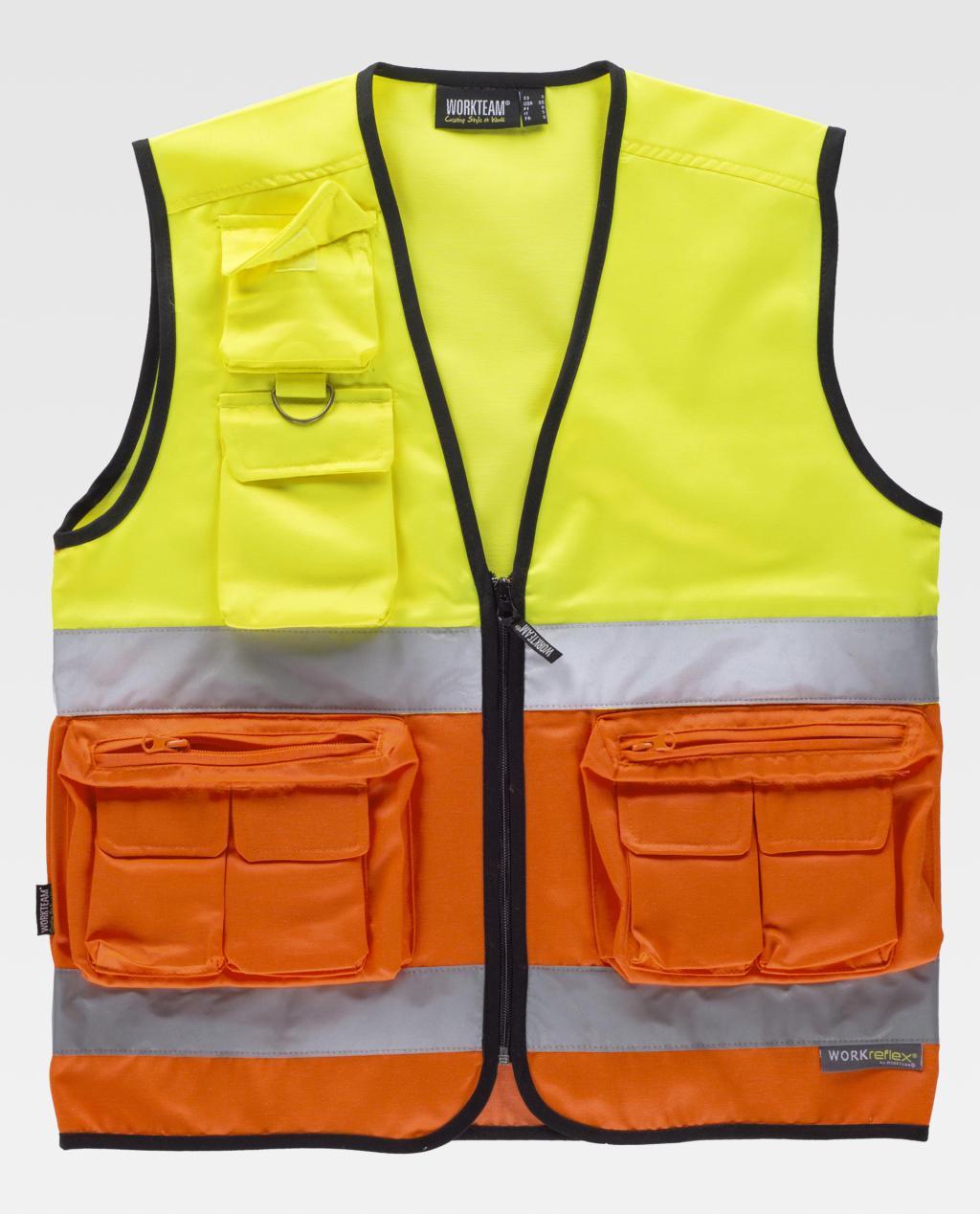 chaleco de alta visibilidad bicolor con bolsillos y bandas reflectantes diseñado para trabajos de seguridad