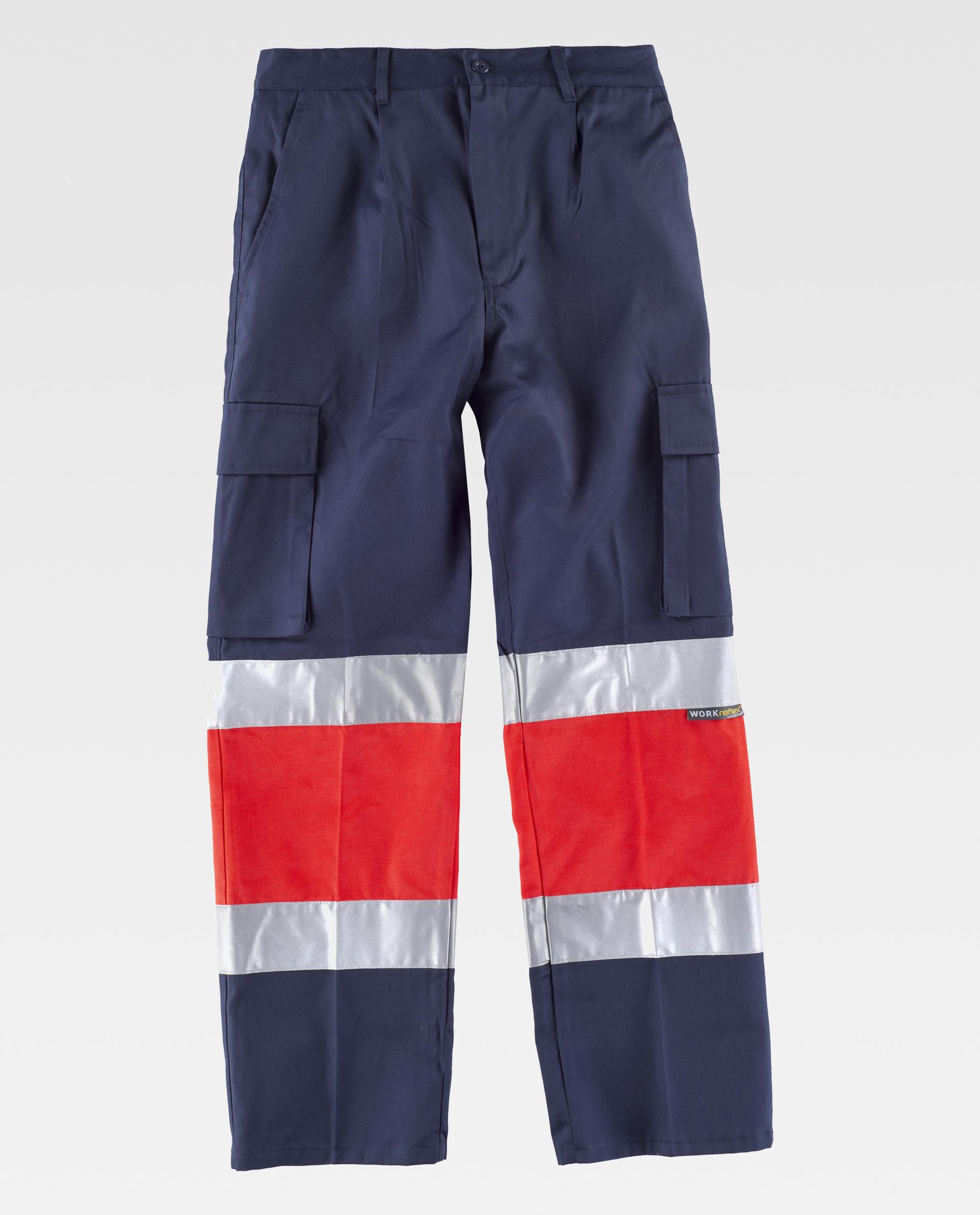 pantalones de trabajo azul marino con bandas reflectantes plateadas y rojas y bolsillos laterales cargo