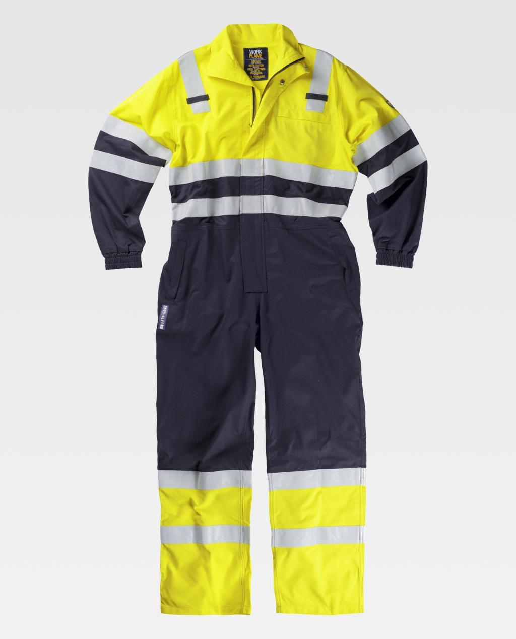 mono de alta visibilidad bicolor amarillo y azul con bandas reflectantes para protección laboral