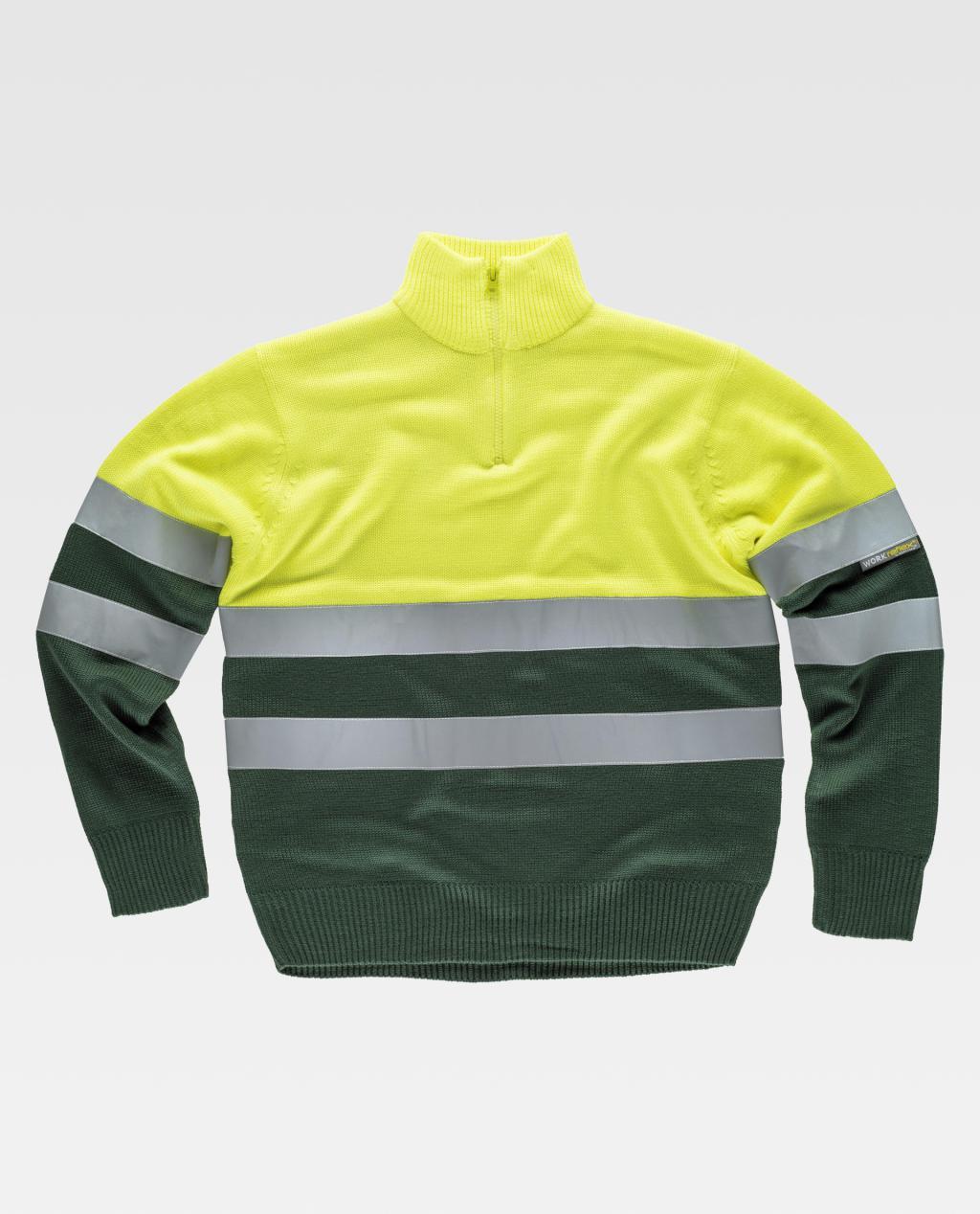 Jersey laboral de alta visibilidad bicolor amarillo y verde con bandas reflectantes y media cremallera