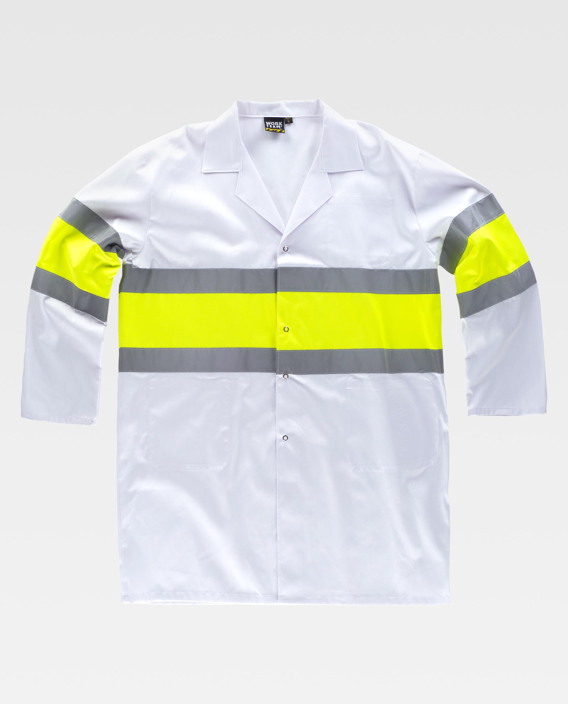 Bata de seguridad blanca con franjas reflectantes grises y amarillas