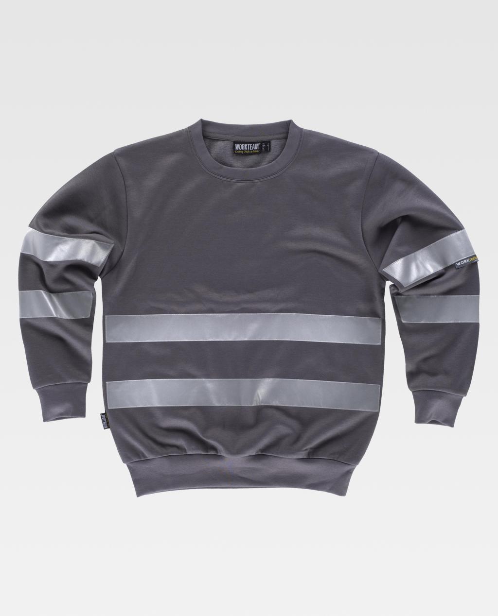 sudadera laboral gris con bandas reflectantes horizontales en pecho y mangas