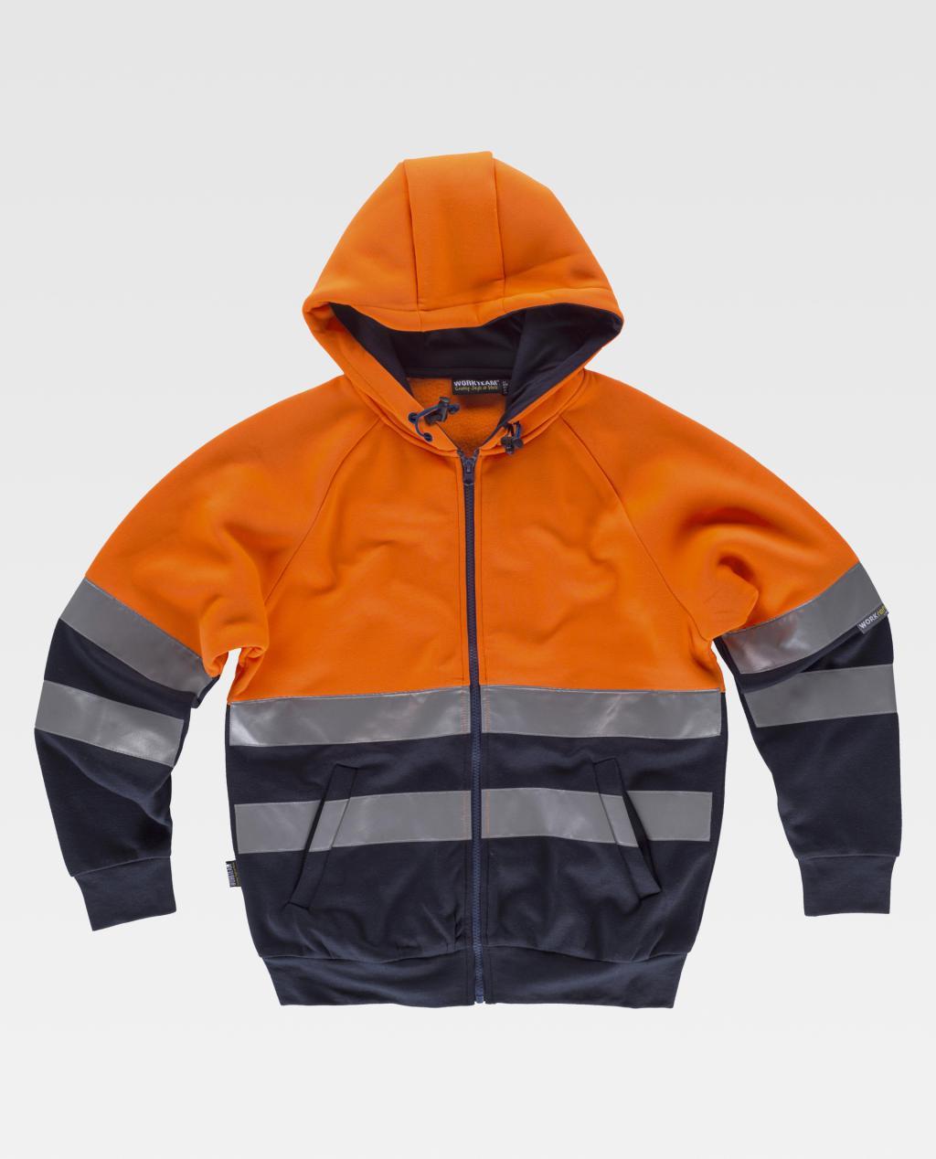Chaqueta con capucha de trabajo en naranja y azul marino con bandas reflectantes.