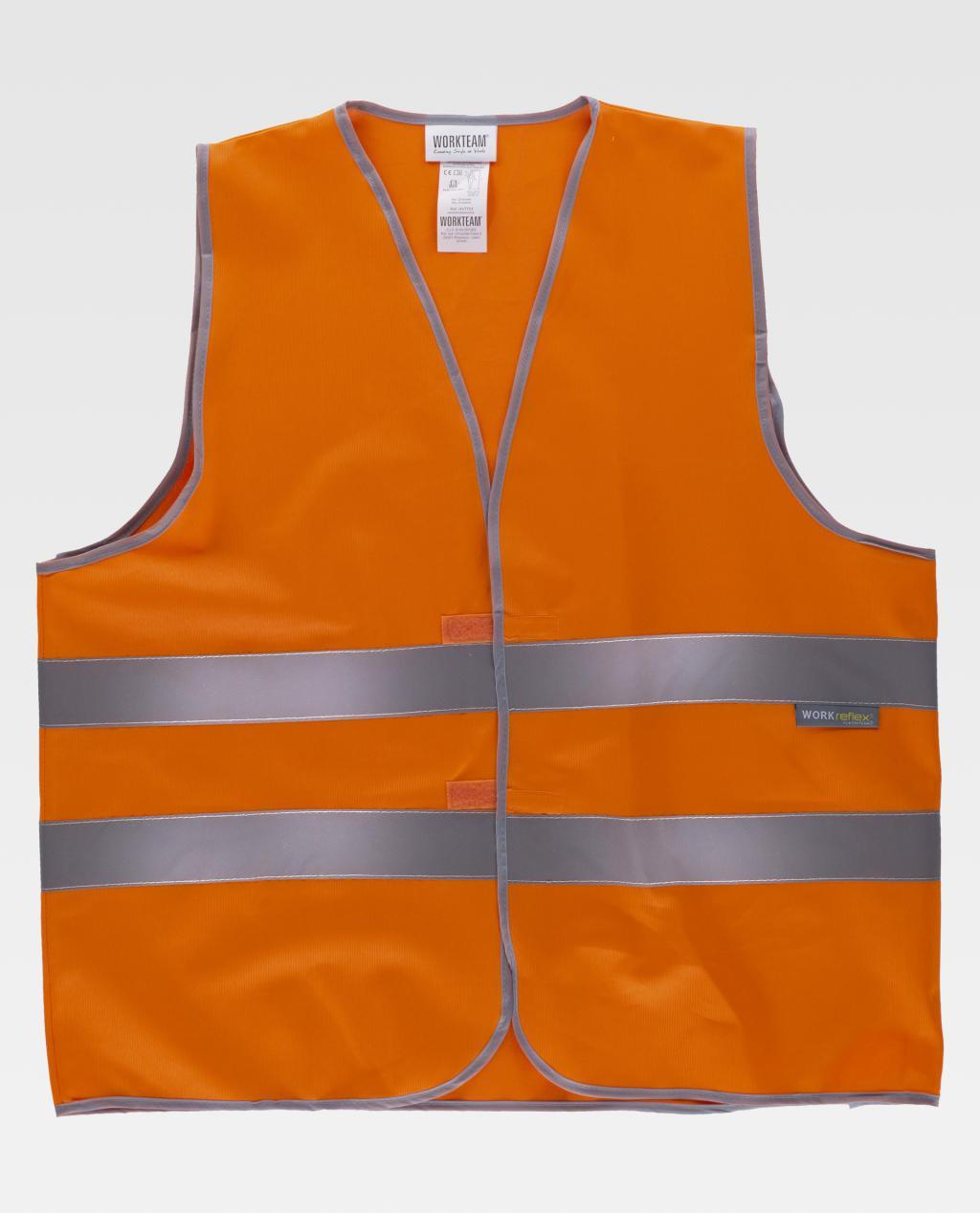 chaleco de seguridad laboral naranja con dos bandas reflectantes horizontales grises