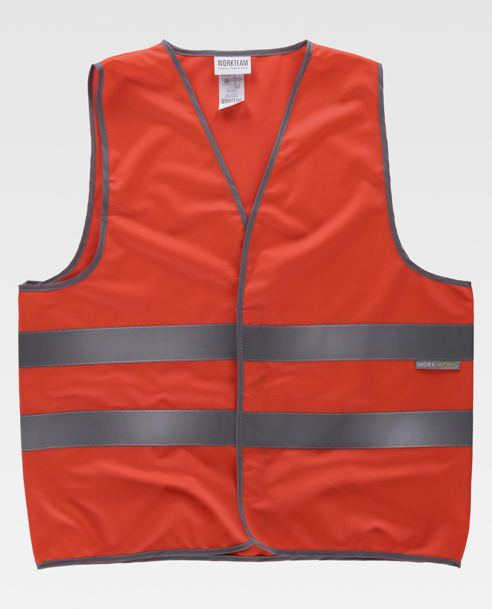 Chaleco de alta visibilidad rojo con dos bandas reflectantes grises para uso en entornos de trabajo