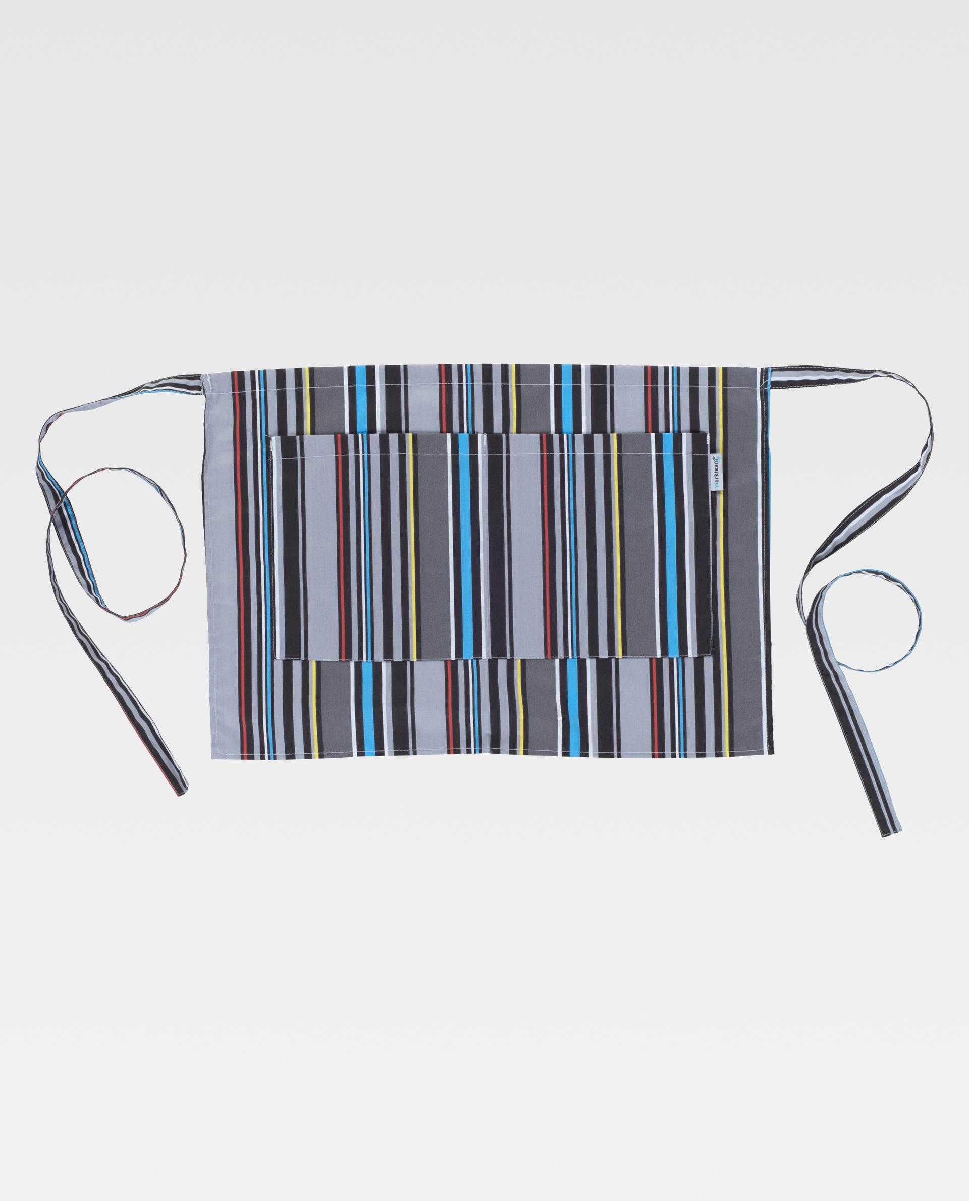 delantal de cintura gris con bolsillos y rayas verticales multicolor