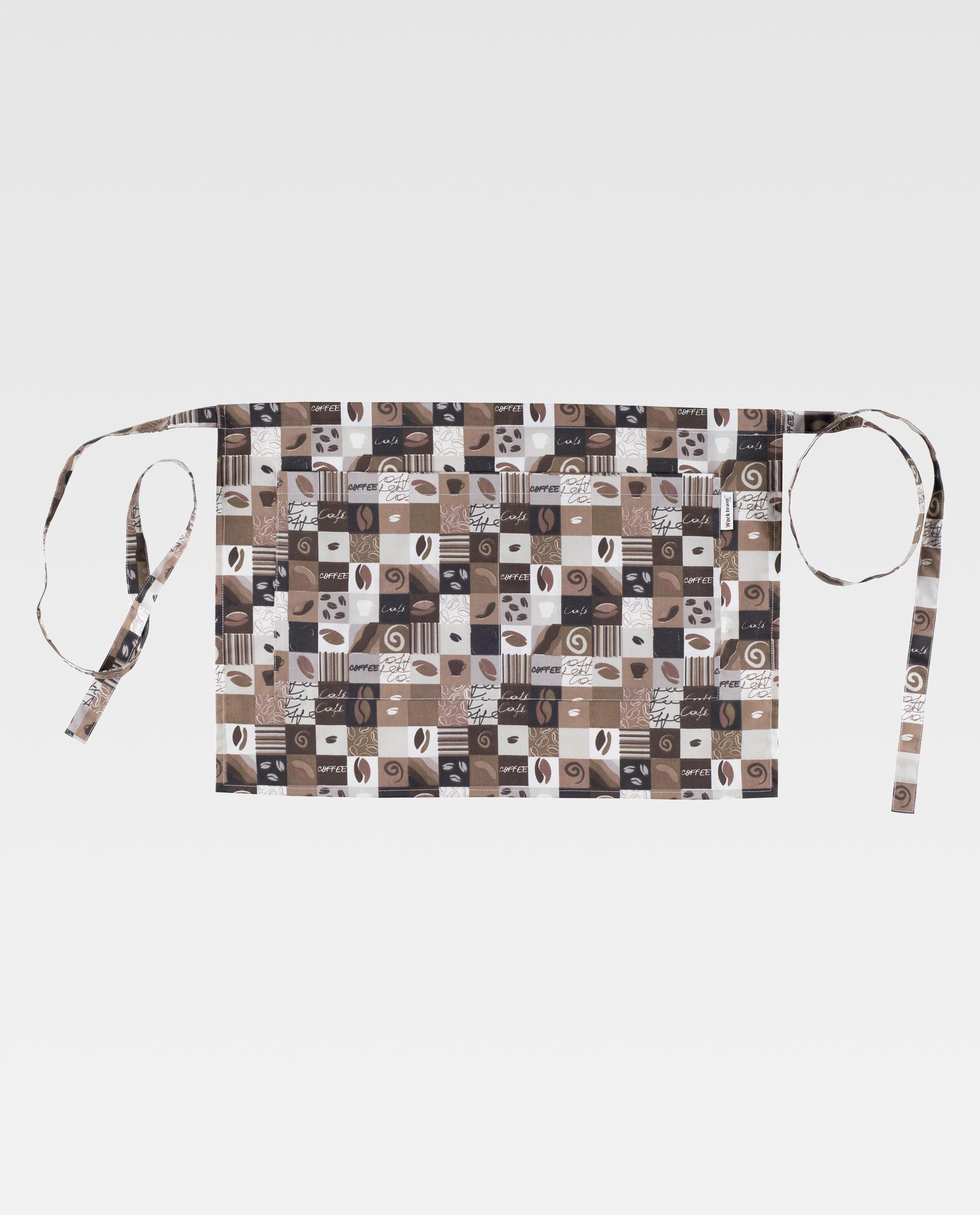 Delantal de cintura con estampado de cuadros marrón y motivos de granos de café