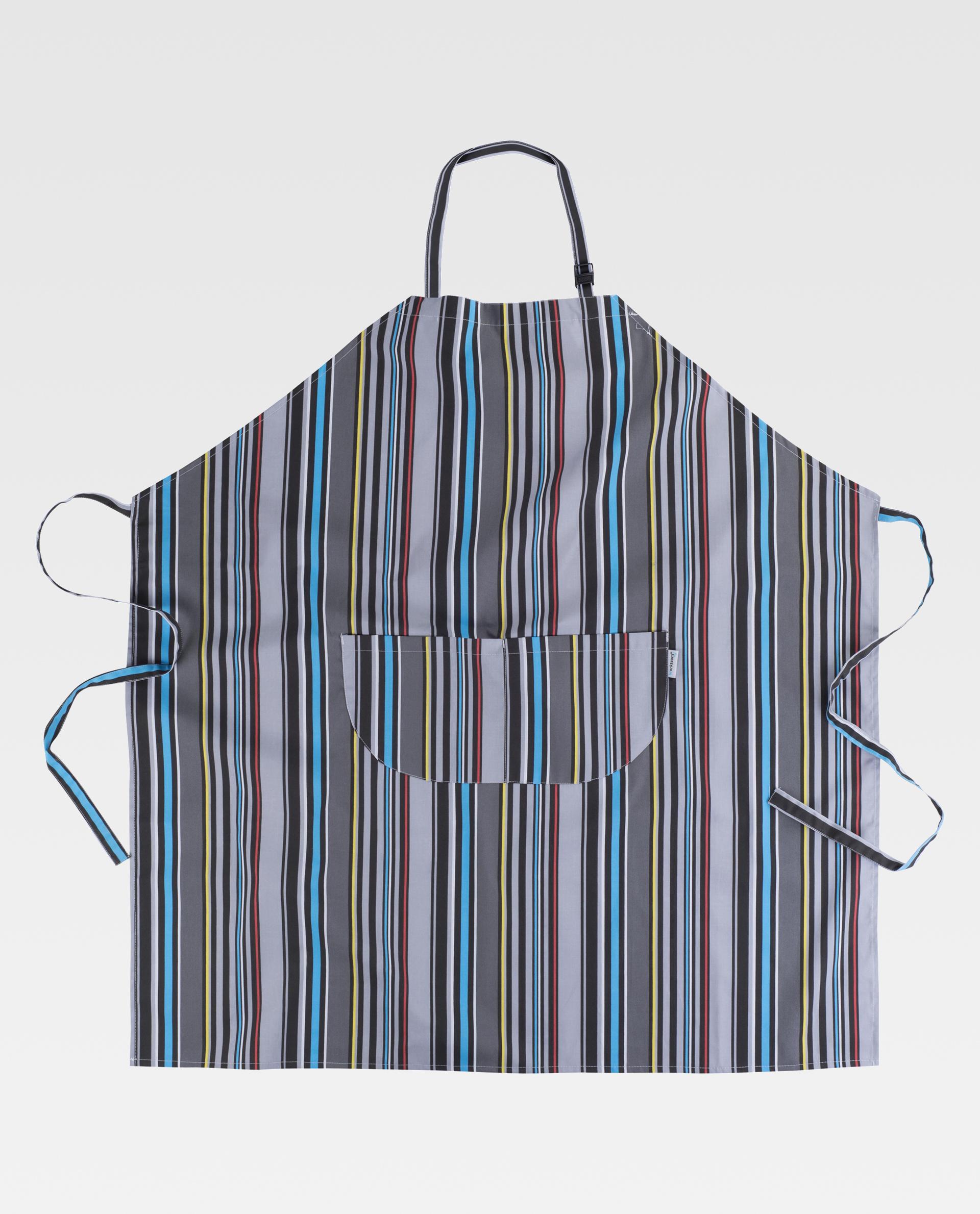 Delantal de rayas verticales multicolor con bolsillo central y tirantes ajustables