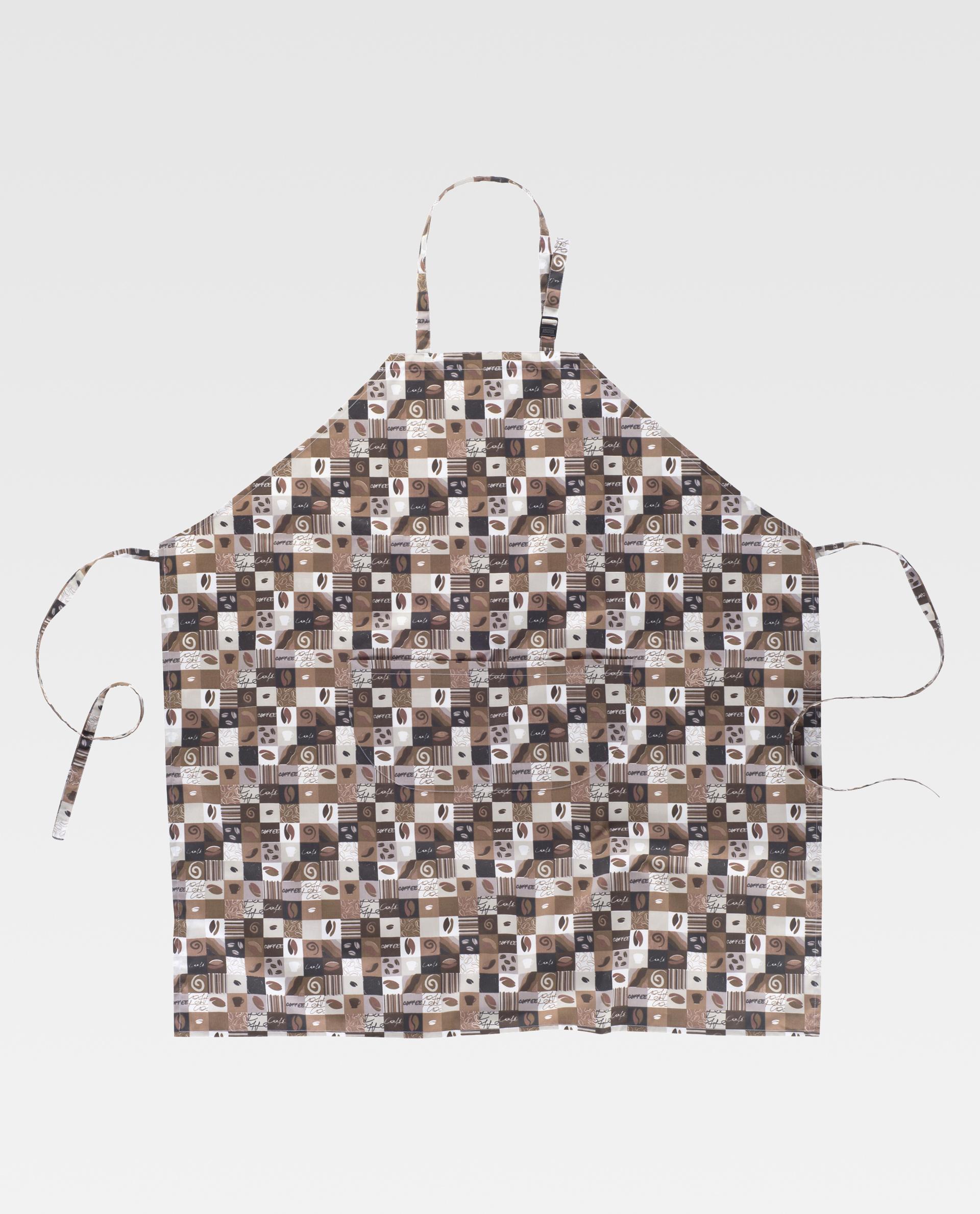 Delantal de cocina con estampado de cuadros y granos de café en tonos marrones y beige