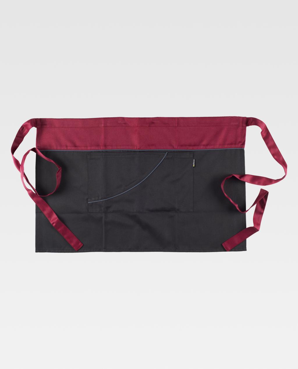 delantal de cintura negro con cinturilla y lazos burdeos y bolsillo frontal sencillo