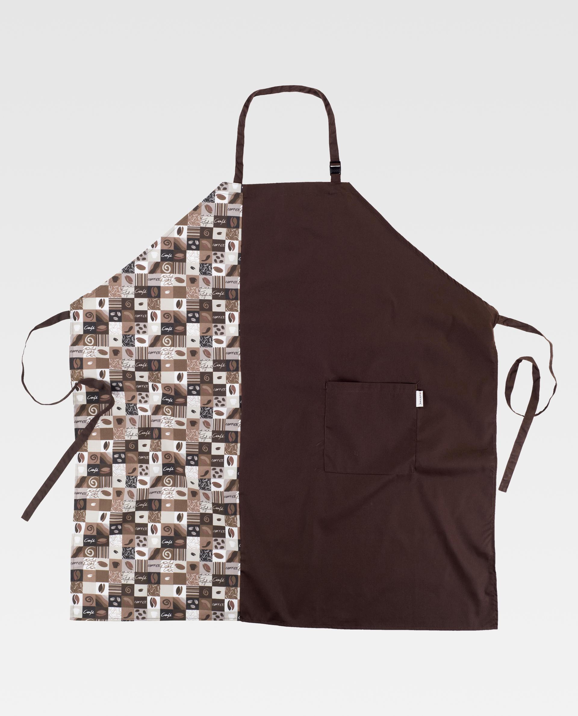 delantal de cocina marrón con estampado de granos de café y bolsillo delantero