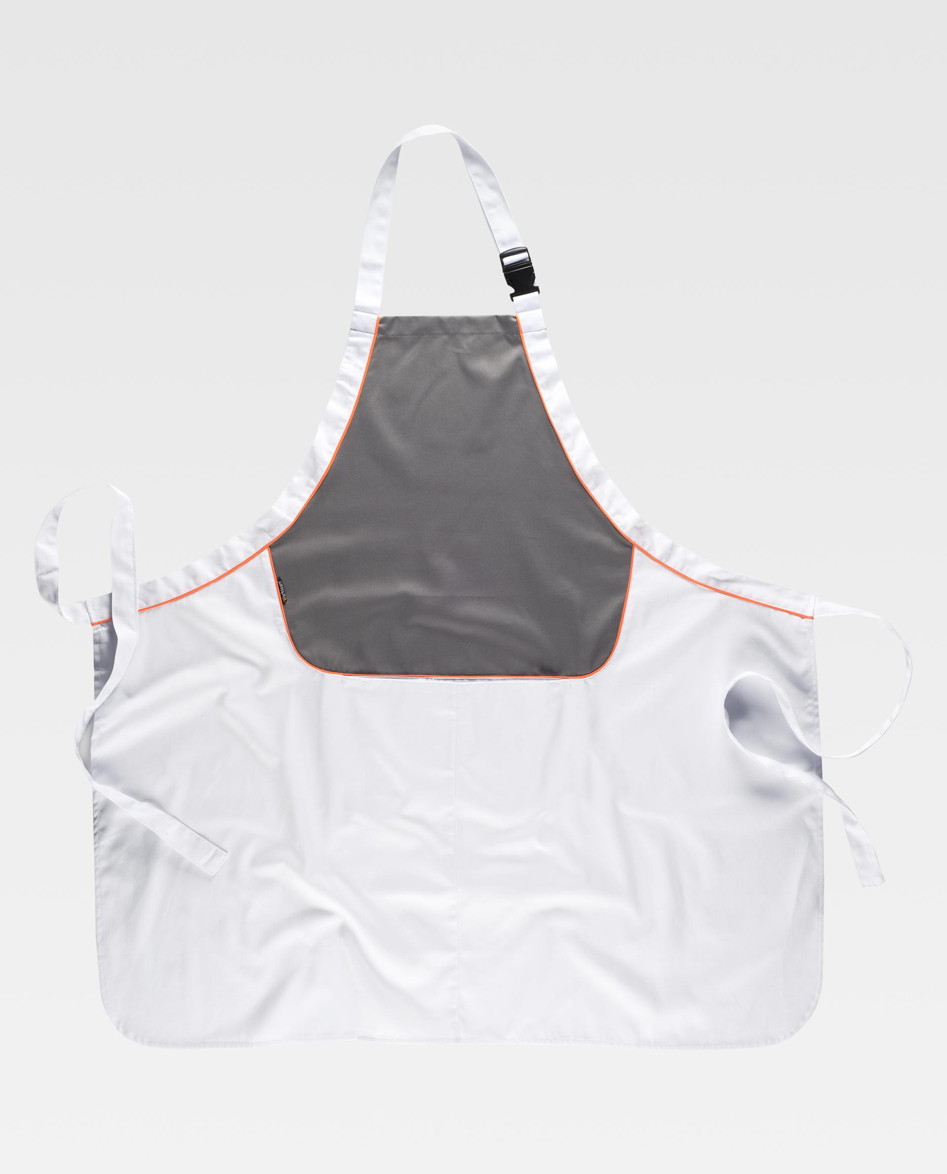 Delantal de cocina blanco con bolsillo gris y ribete naranja