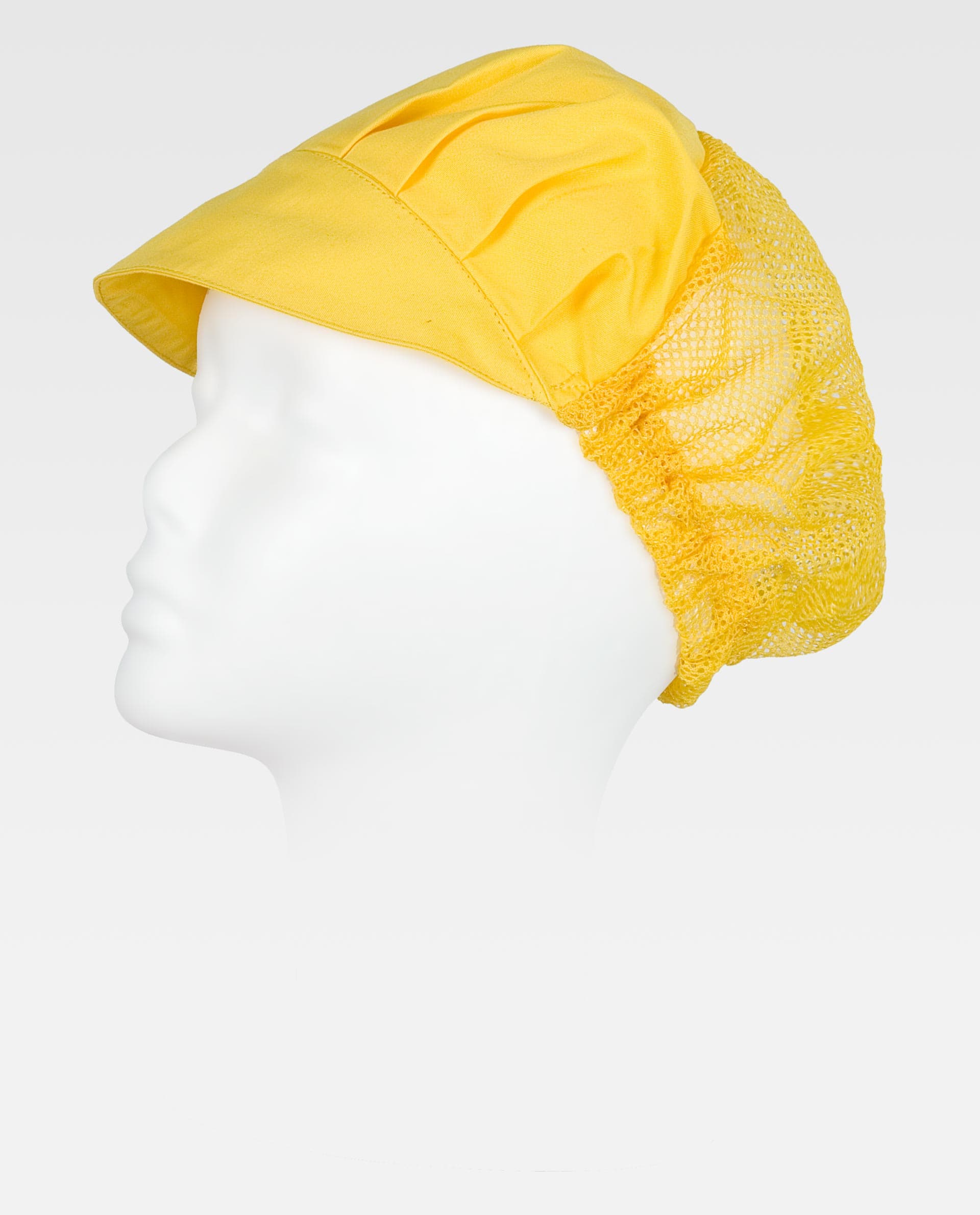 gorro sanitario amarillo con visera sobre cabeza de maniquí blanca