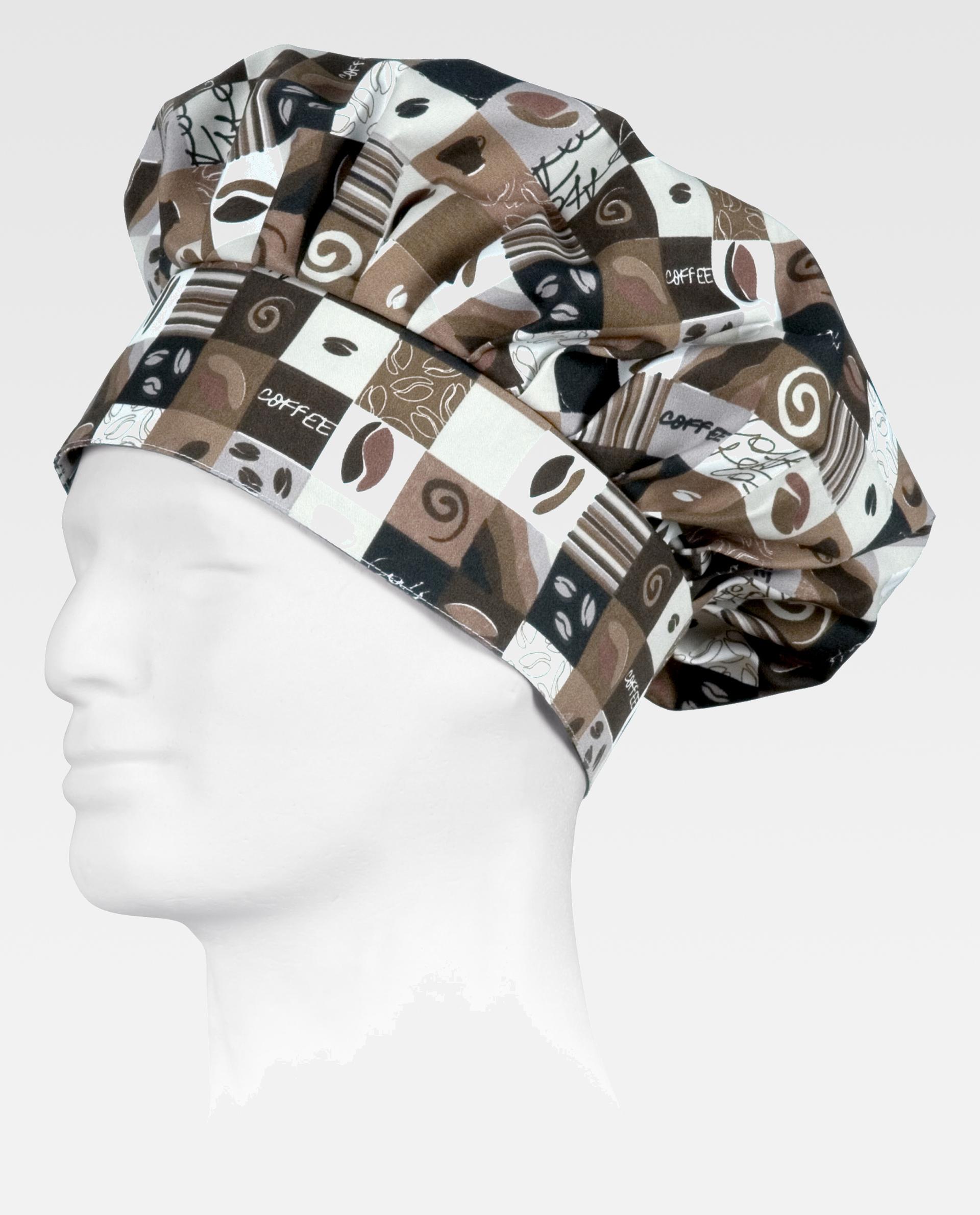 Gorro de cocina estampado con granos y tazas de café sobre un maniquí blanco
