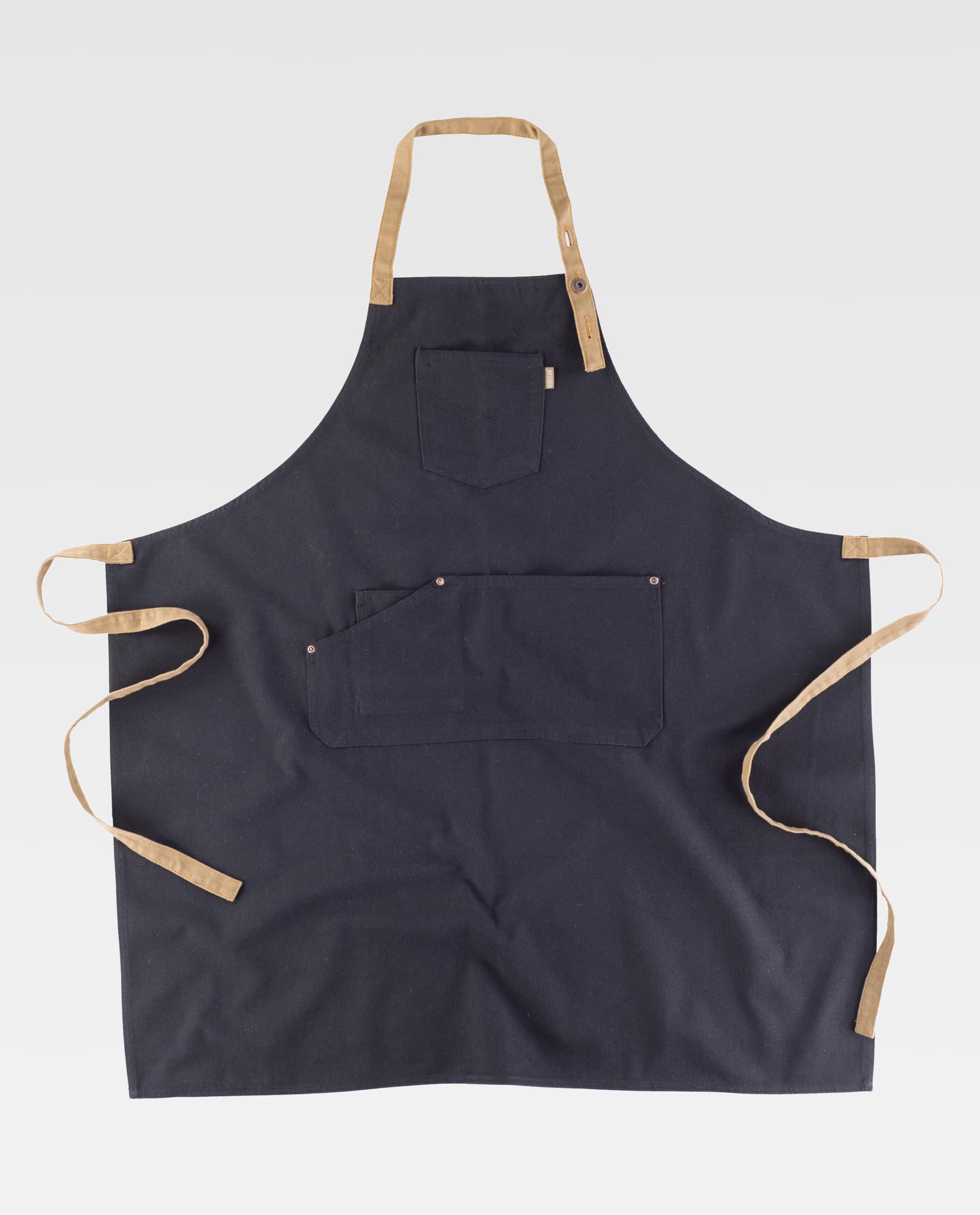 delantal de lona azul marino con bolsillo en el pecho, bolsillos frontales grandes y tiras ajustables en contraste beige