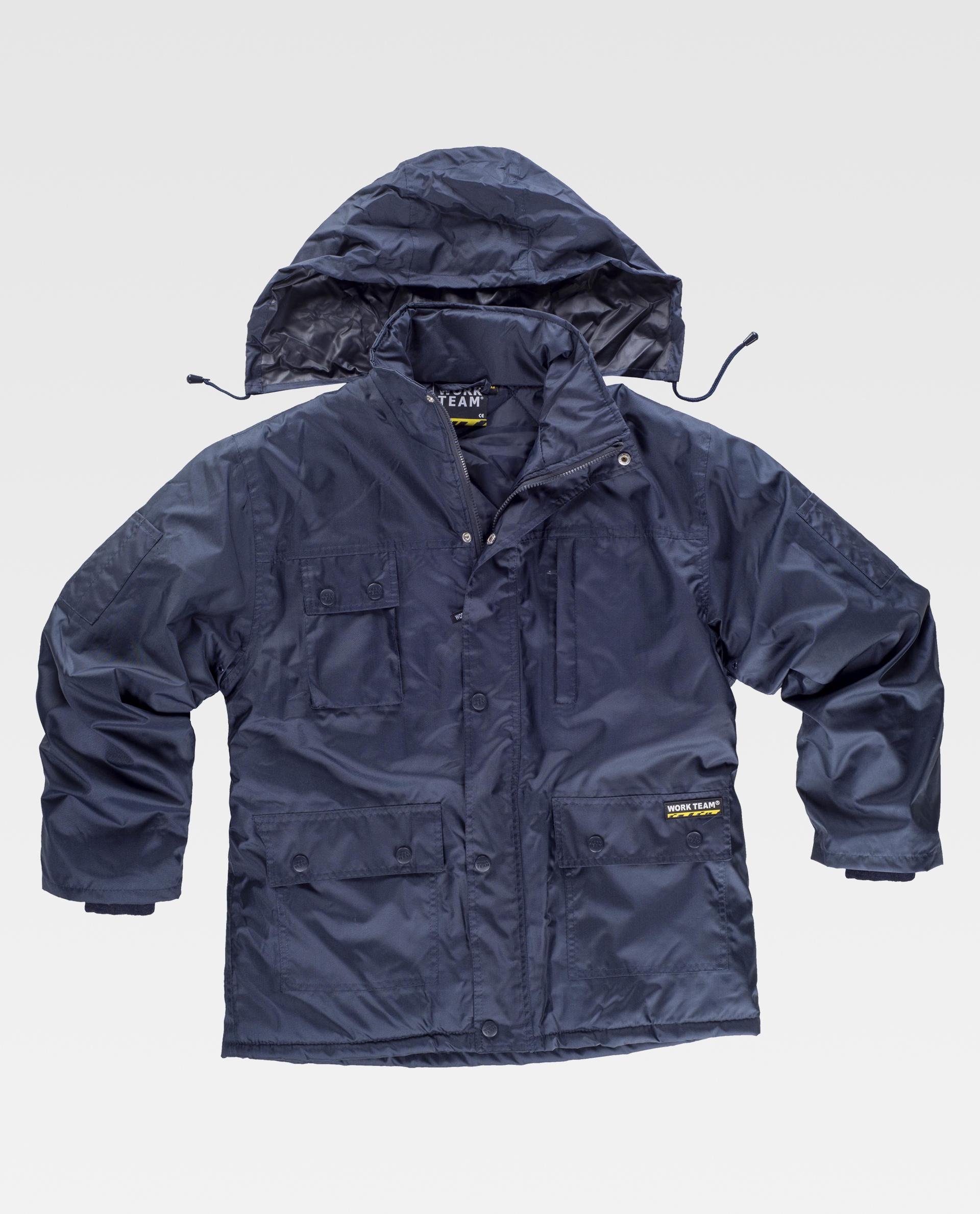 Chaqueta de trabajo azul marino con capucha extraíble y varios bolsillos delanteros