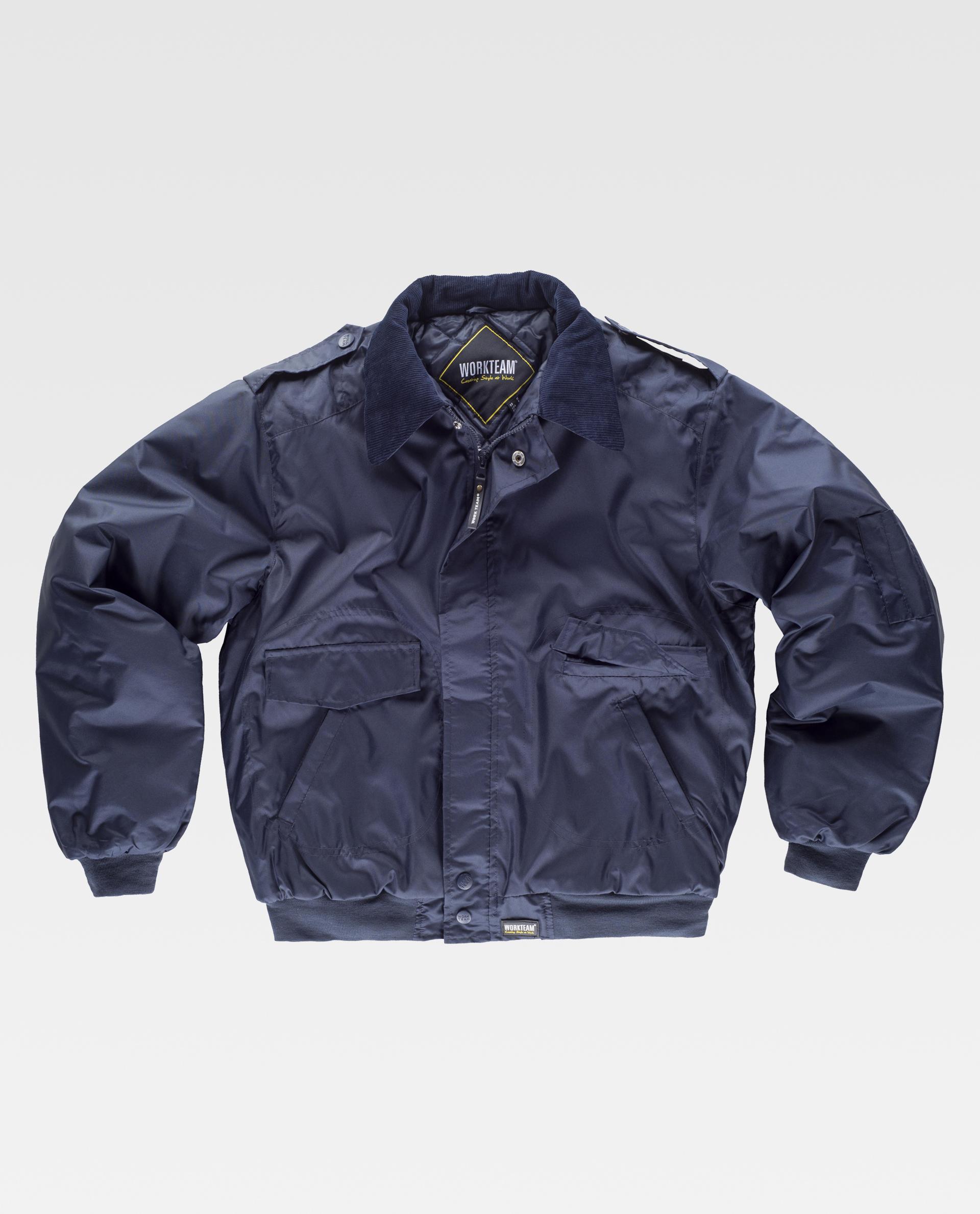 chaqueta bomber de trabajo azul marino con cuello de pana, cremallera frontal y bolsillos delanteros