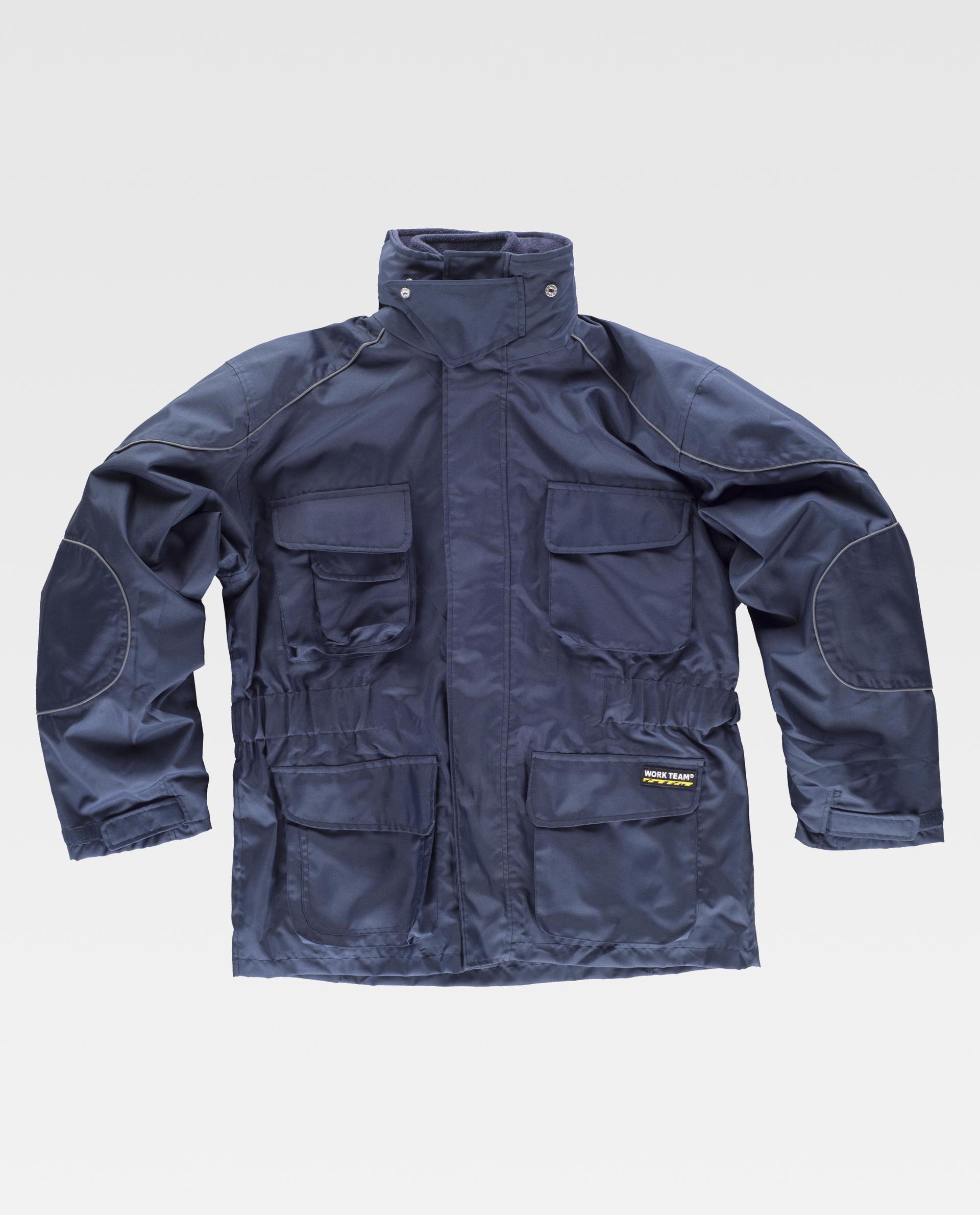 Chaqueta de trabajo azul marino con cuello alto y múltiples bolsillos delanteros.