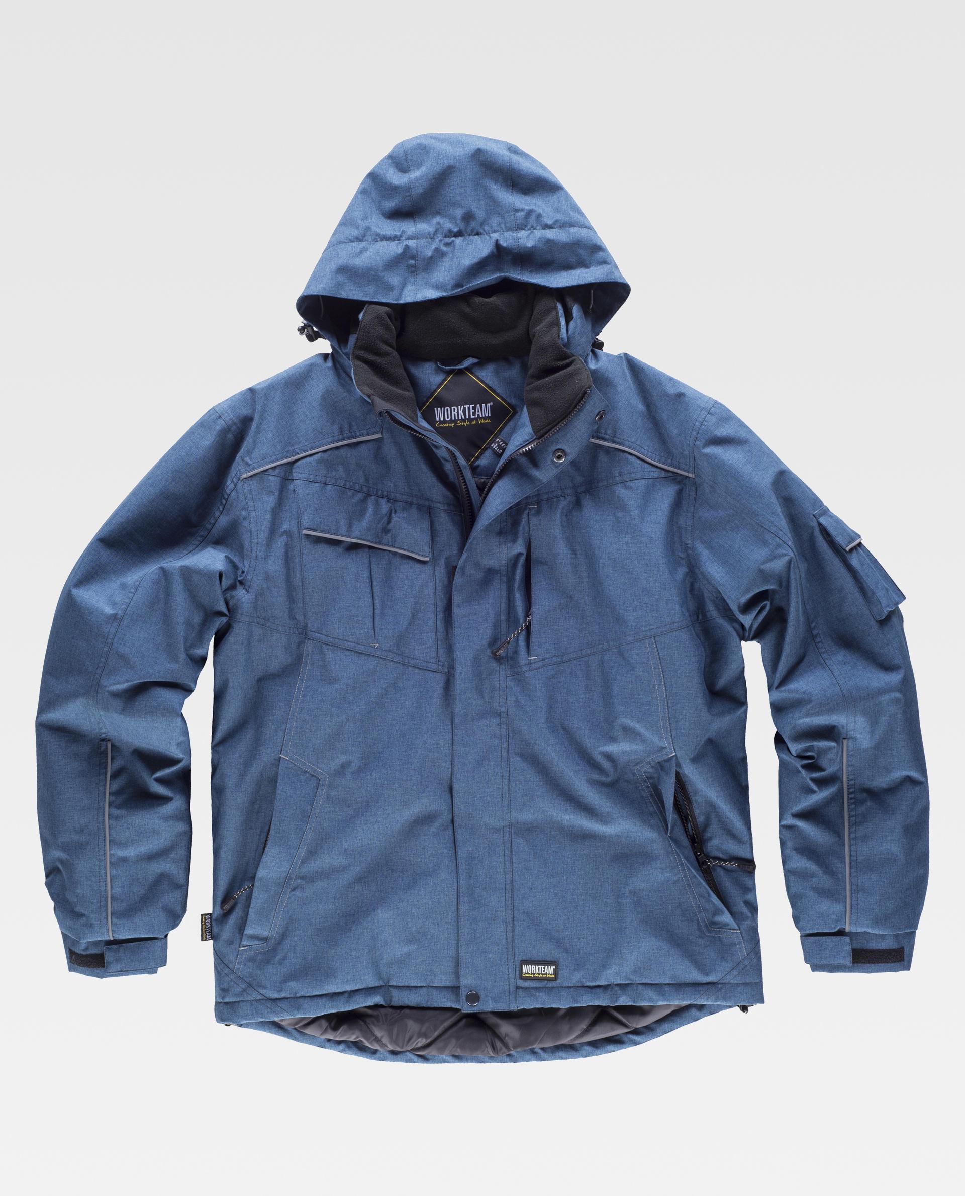 Chaqueta de trabajo azul con capucha de la marca Workteam sobre fondo blanco
