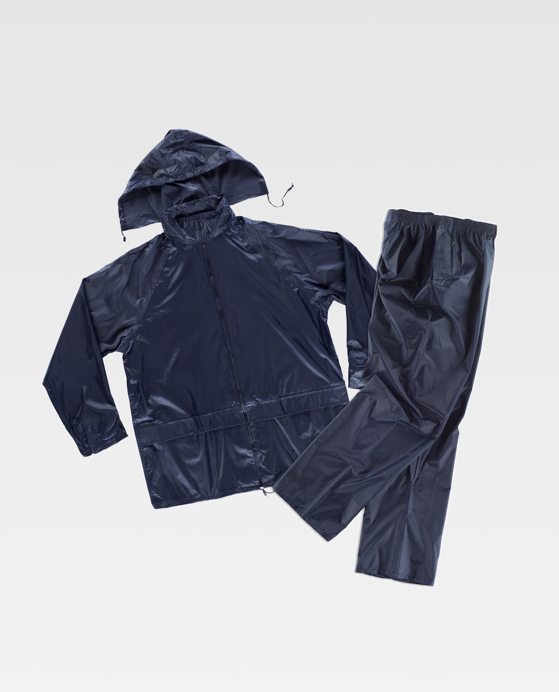 conjunto impermeable azul marino con chaqueta de capucha y pantalón suelto