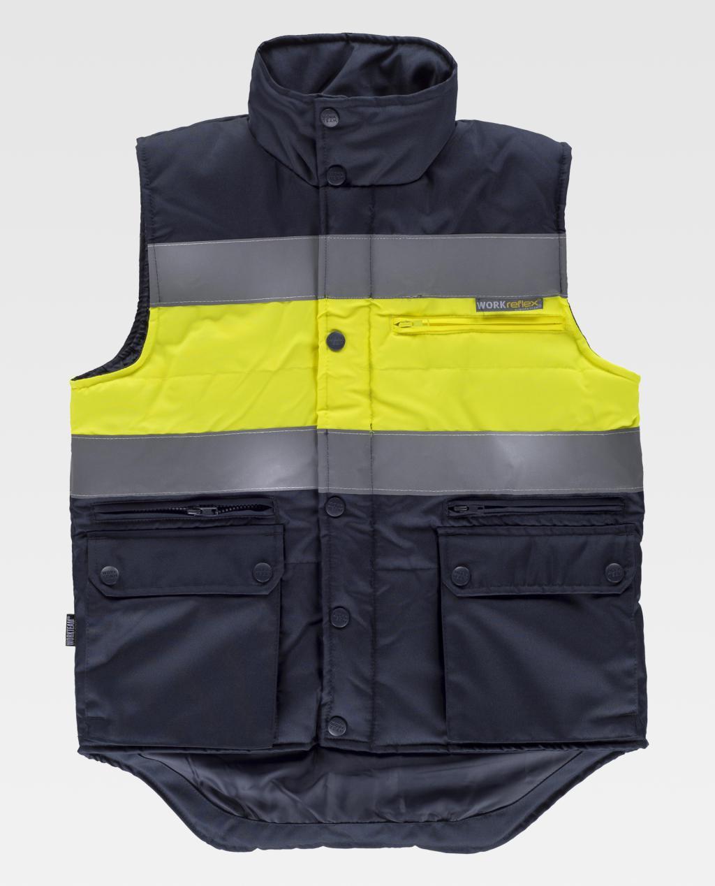 chaleco de trabajo acolchado en negro y amarillo con bandas reflectantes y bolsillos delanteros