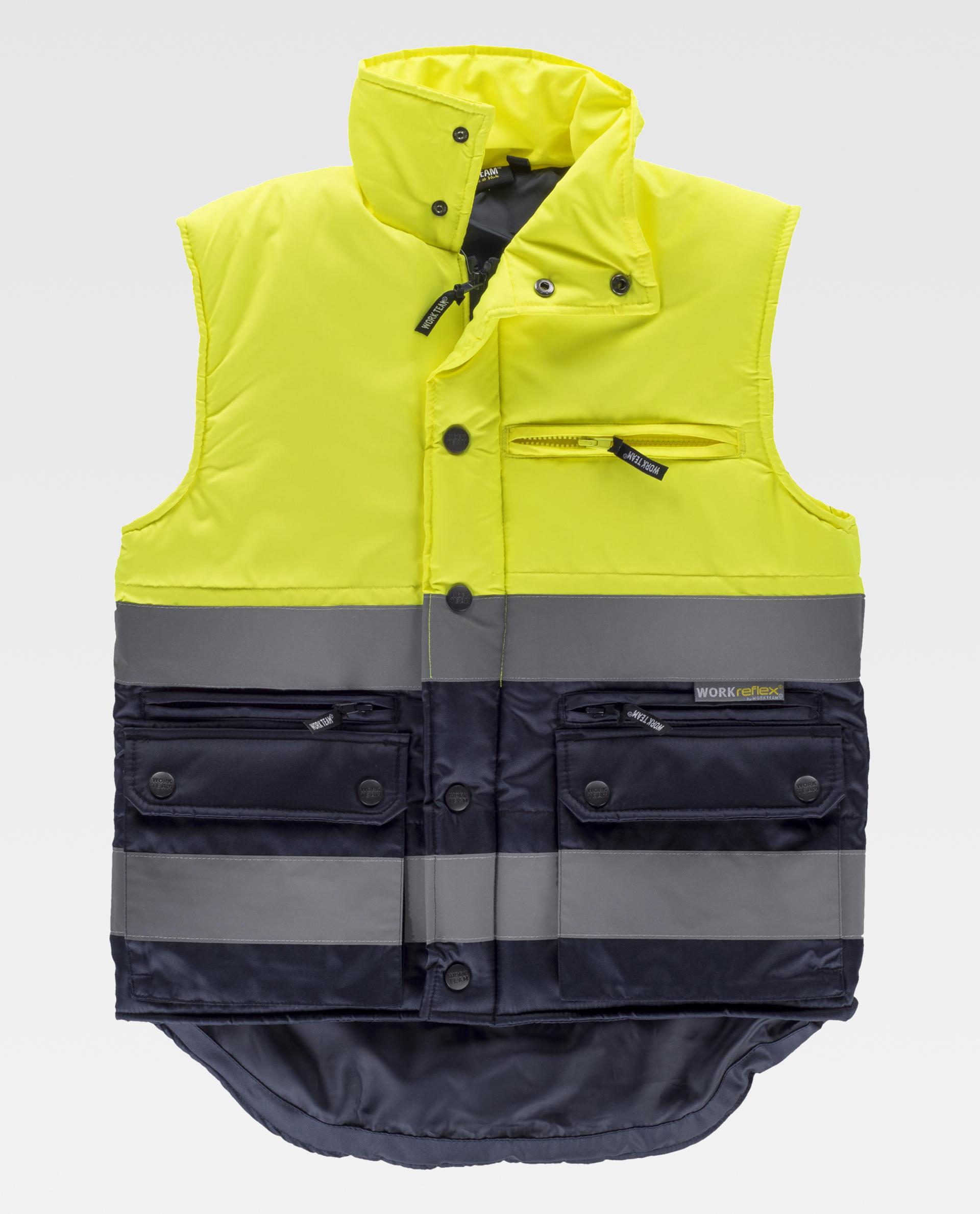 chaleco de trabajo acolchado amarillo y azul marino con bandas reflectantes y bolsillos delanteros