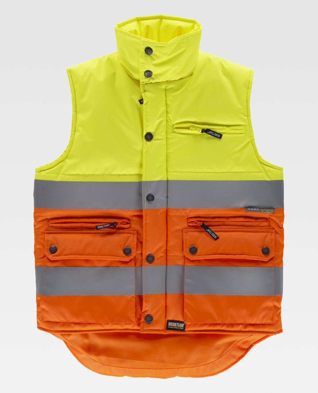 Chaleco de alta visibilidad bicolor amarillo y naranja con bandas reflectantes y bolsillos frontales