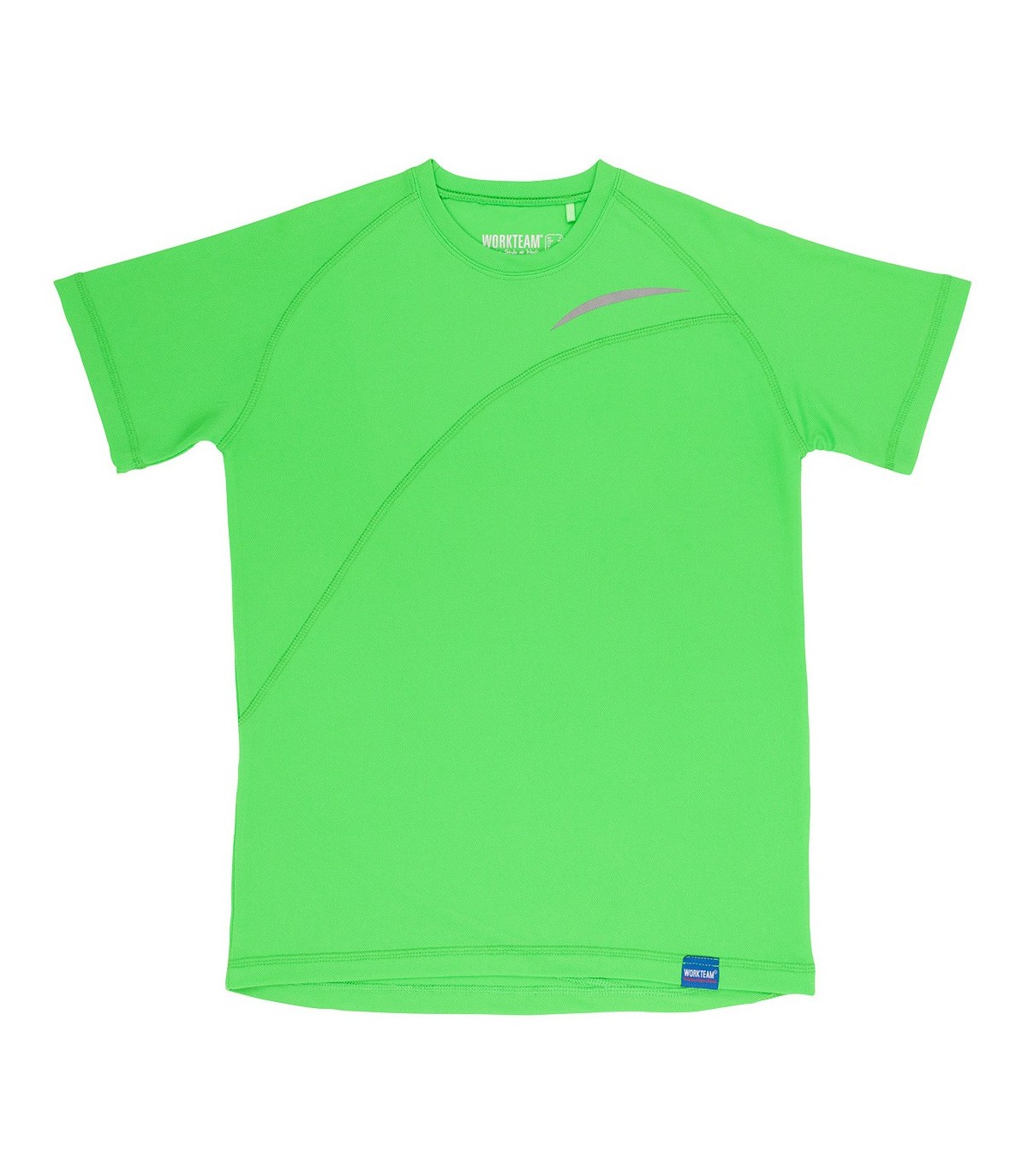 Camiseta deportiva de manga corta en verde con costuras diagonales y detalle reflectante sobre fondo blanco