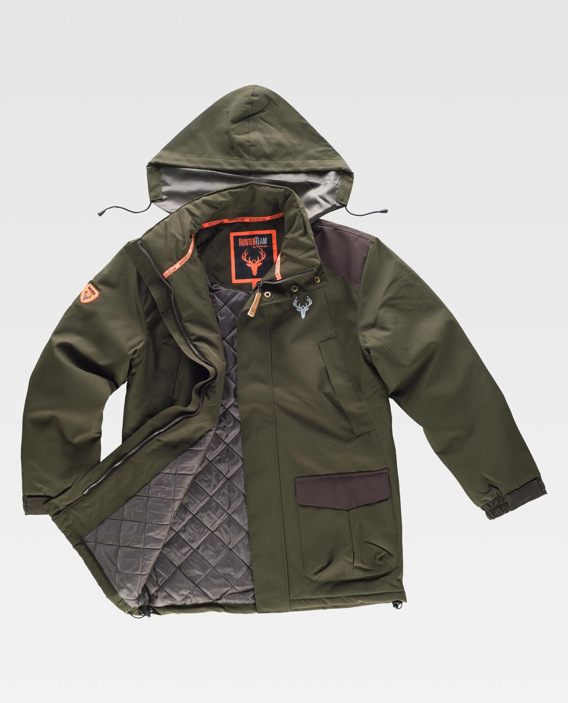 Chaqueta de caza verde con capucha y forro acolchado, con logo Hunter Team y ciervo bordado.