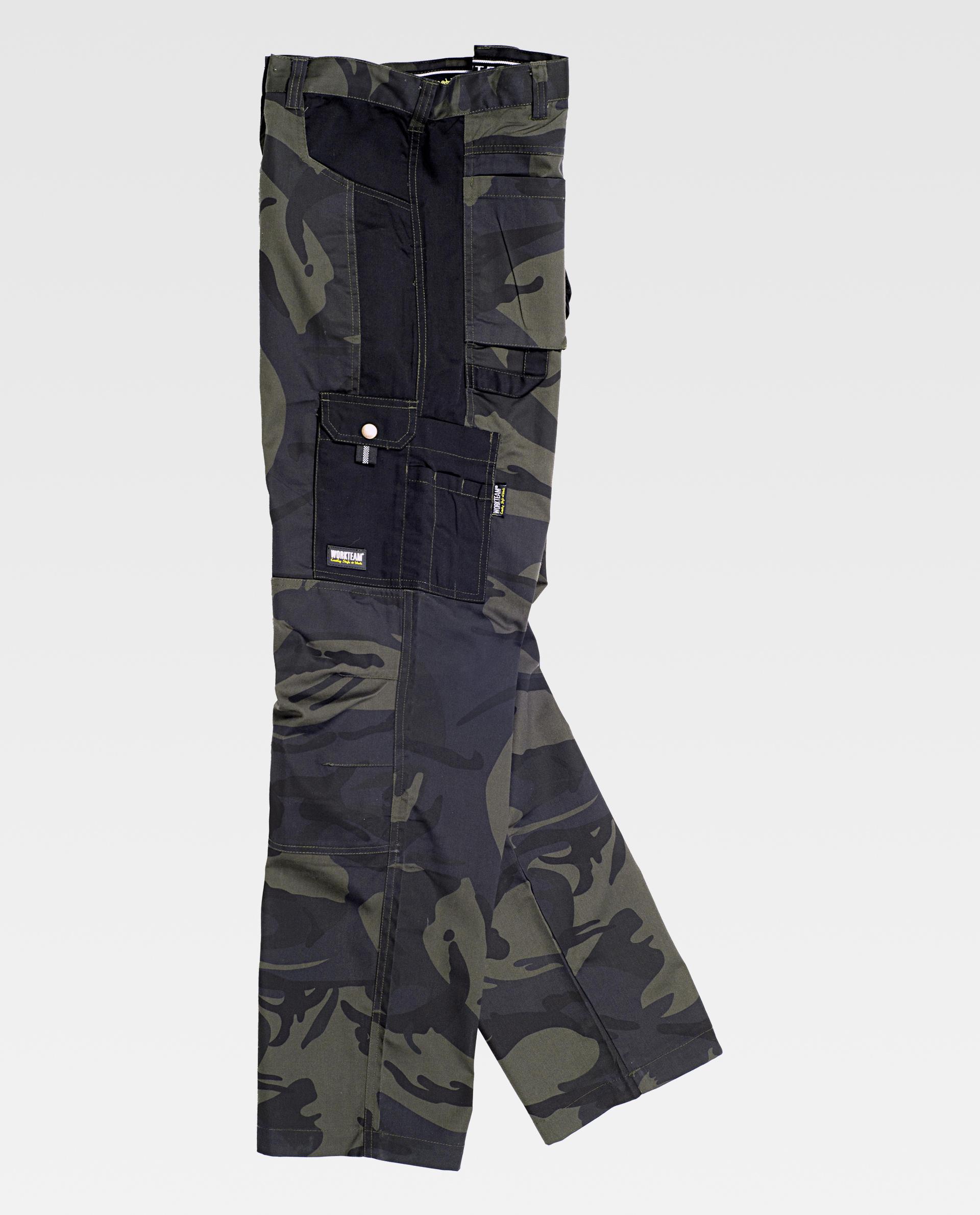 Pantalones de trabajo camuflados con múltiples bolsillos y refuerzos
