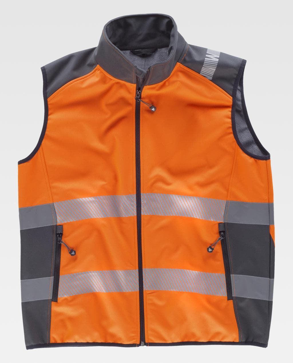 Chaleco de seguridad naranja con bandas reflectantes horizontales y cremallera central