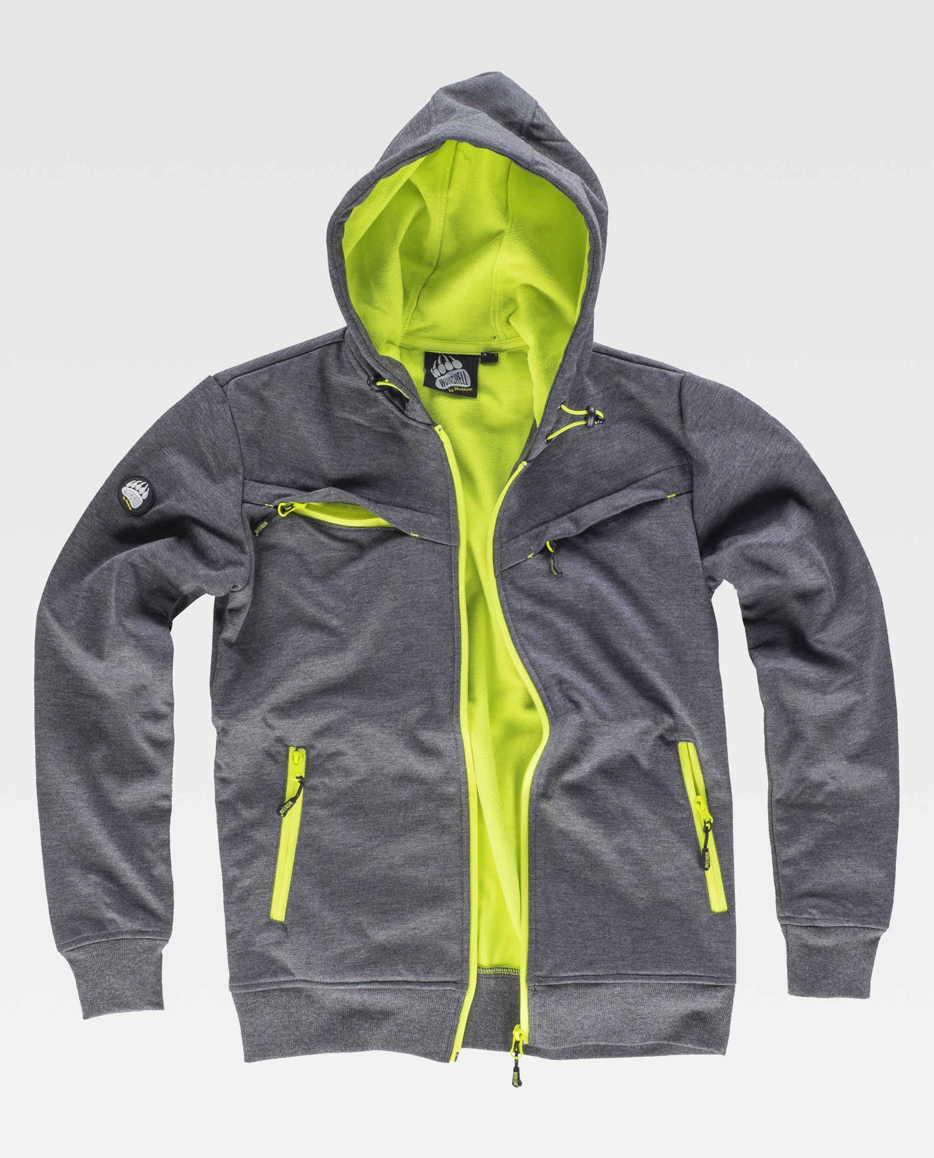 sudadera gris con capucha y forro interior verde lima, cremallera central y bolsillos con cierre