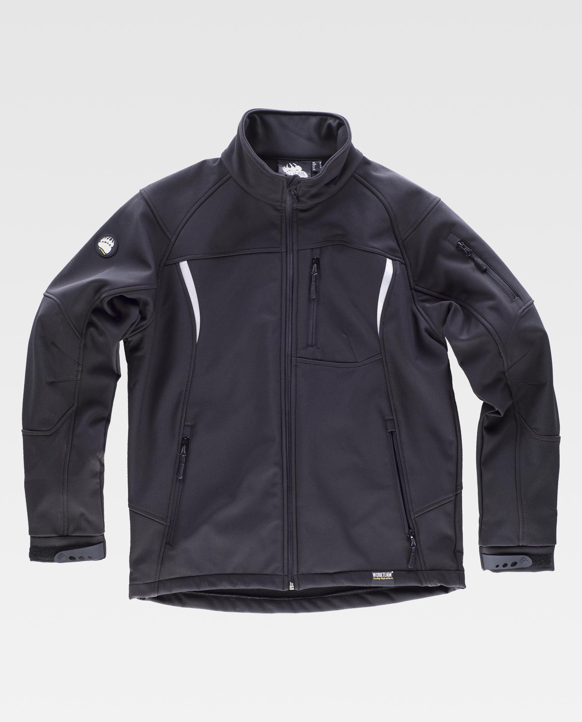 Chaqueta softshell negra de trabajo con cremallera frontal y bolsillos con cierre de cremallera