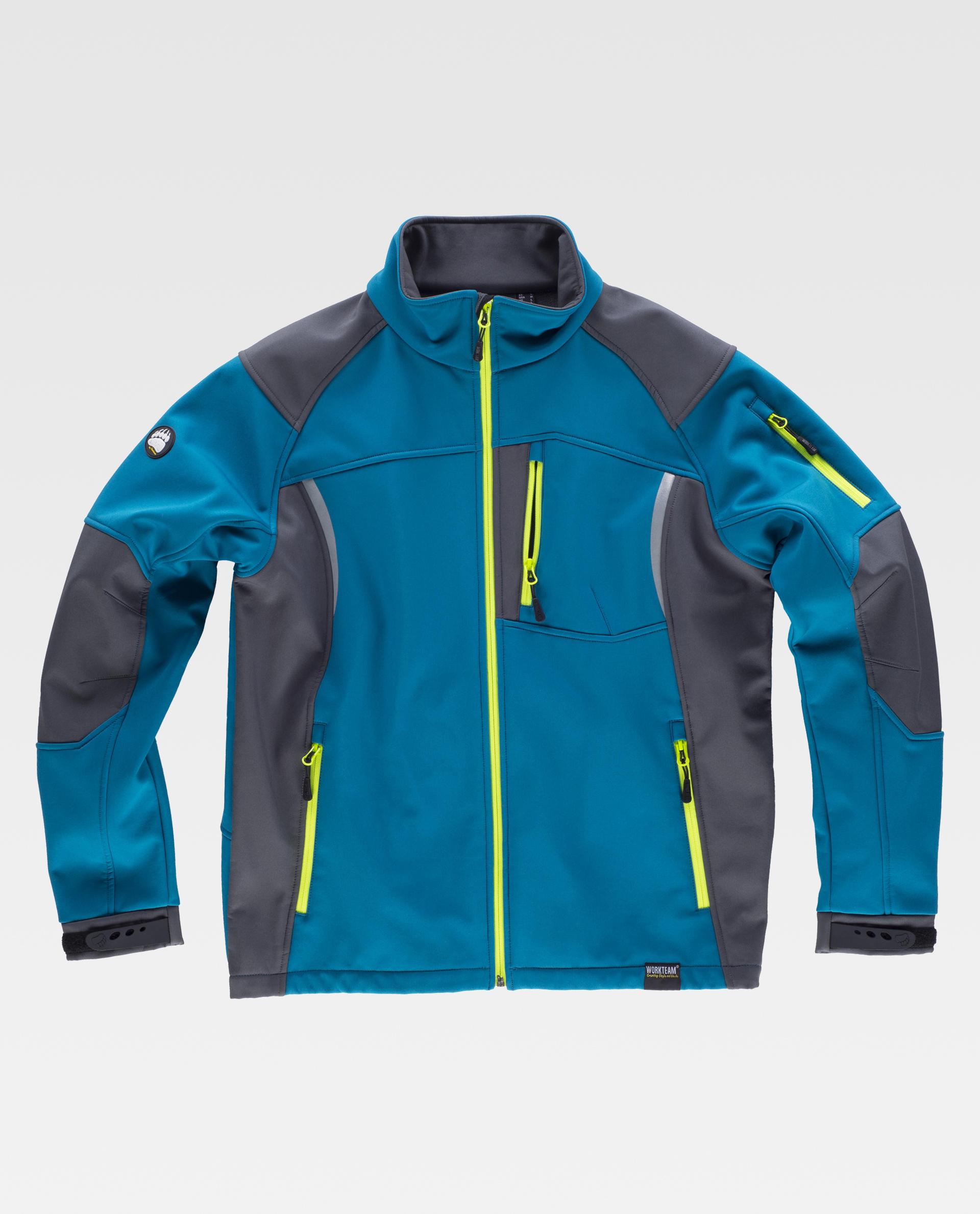 chaqueta softshell de montaña azul con paneles grises y cremalleras amarillas fluorescentes