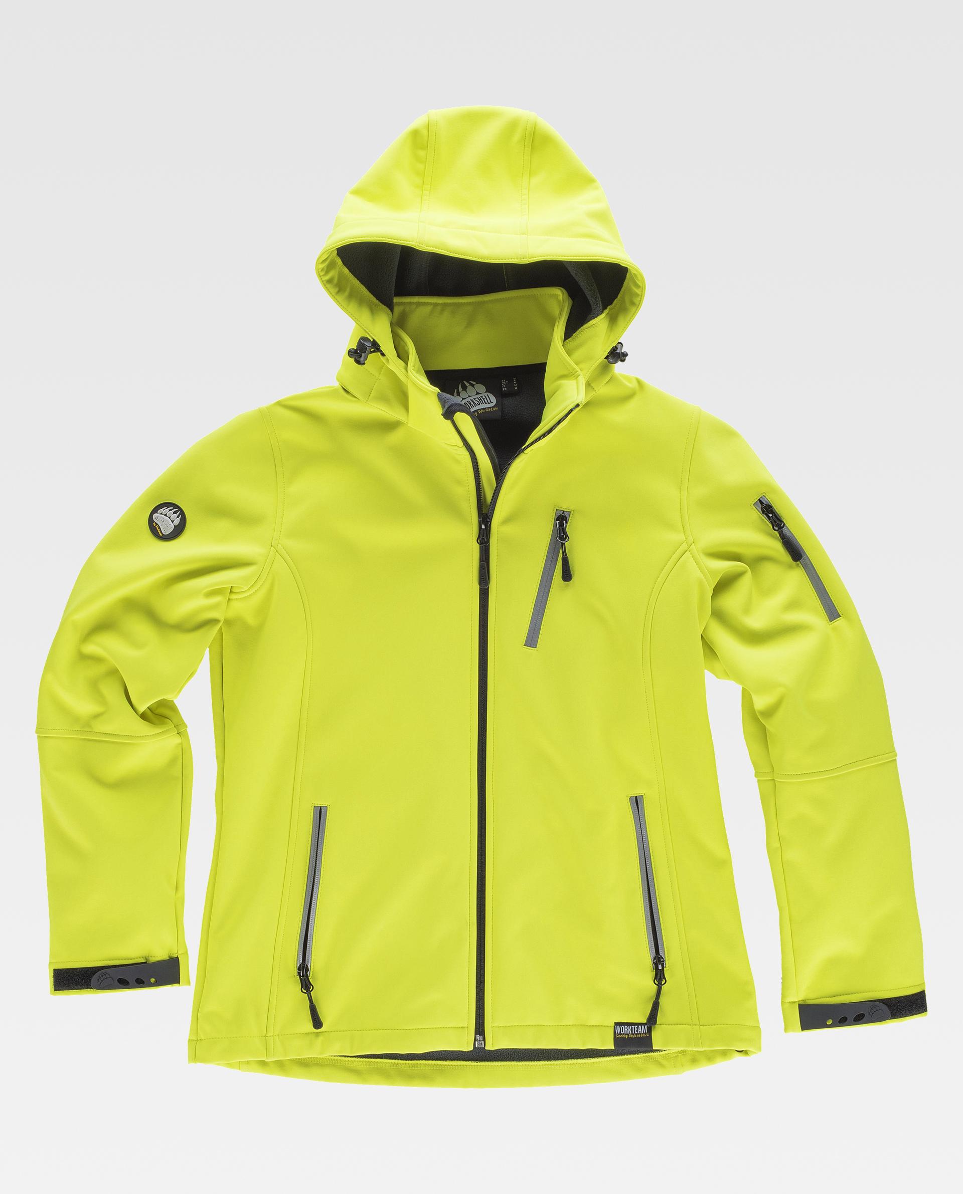 Chaqueta softshell de alta visibilidad amarilla con capucha y cremalleras reflectantes