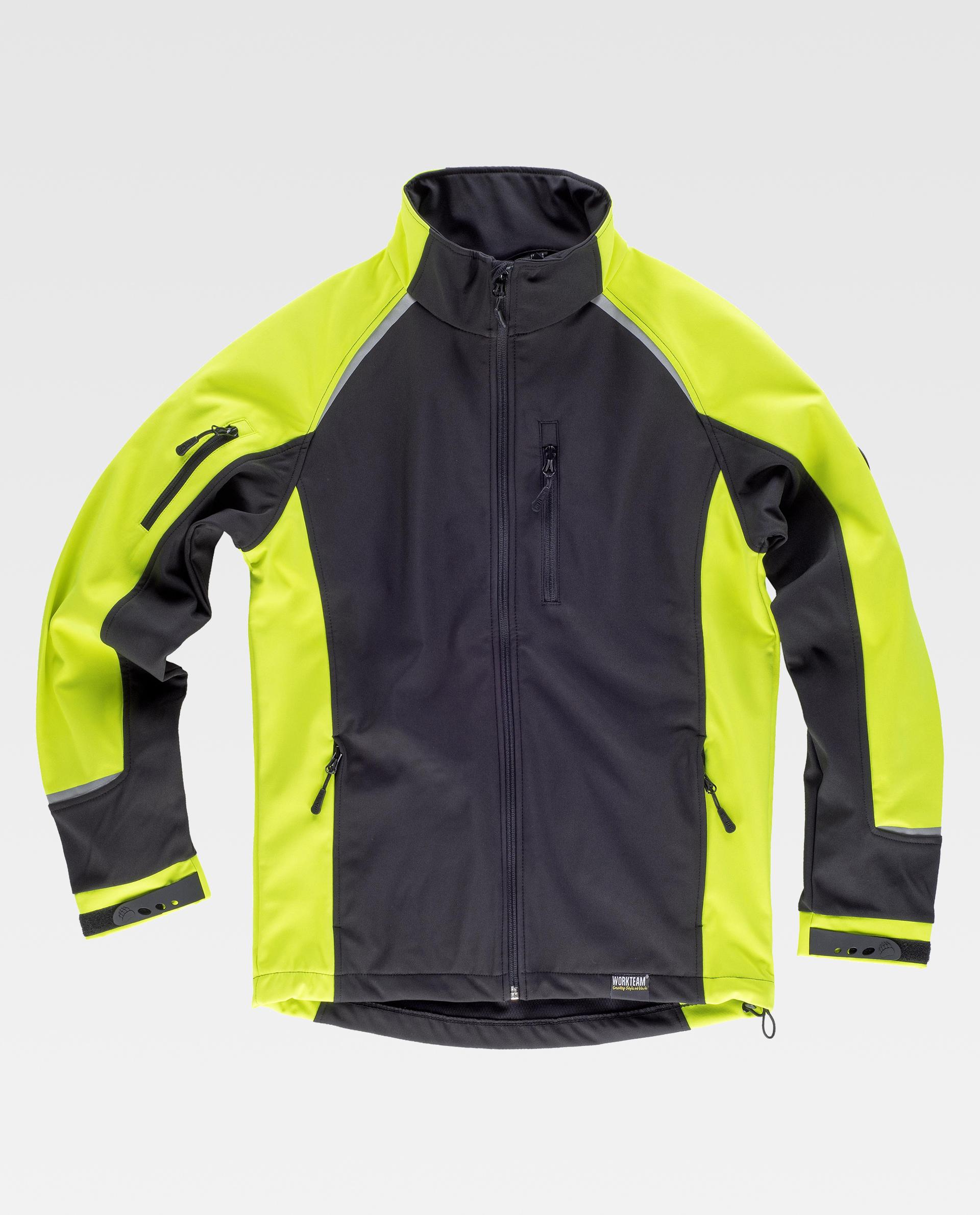Chaqueta softshell de alta visibilidad en negro y amarillo neón sobre fondo claro