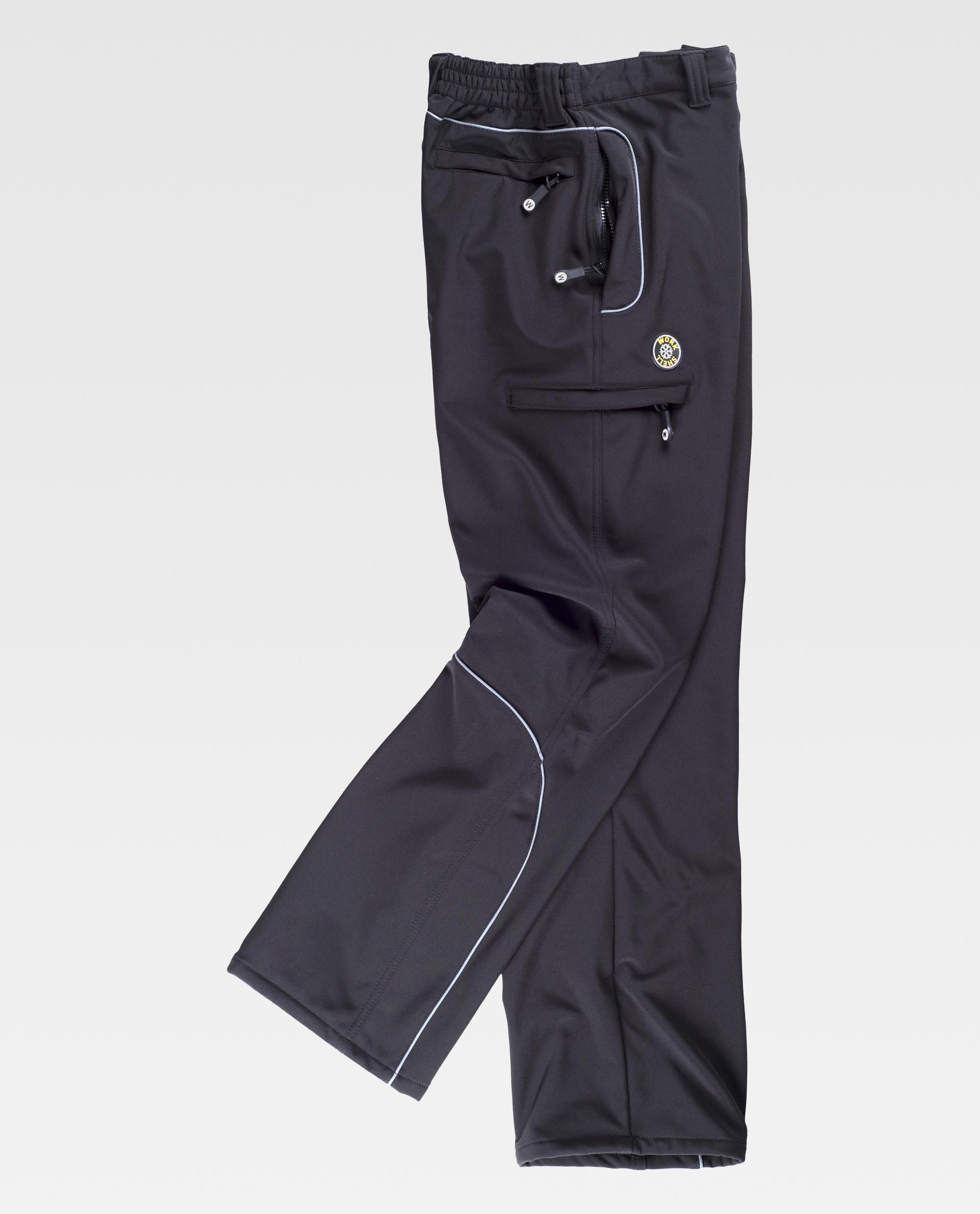 Pantalón de trabajo negro con bolsillos con cremallera, ribetes reflectantes y logo térmico